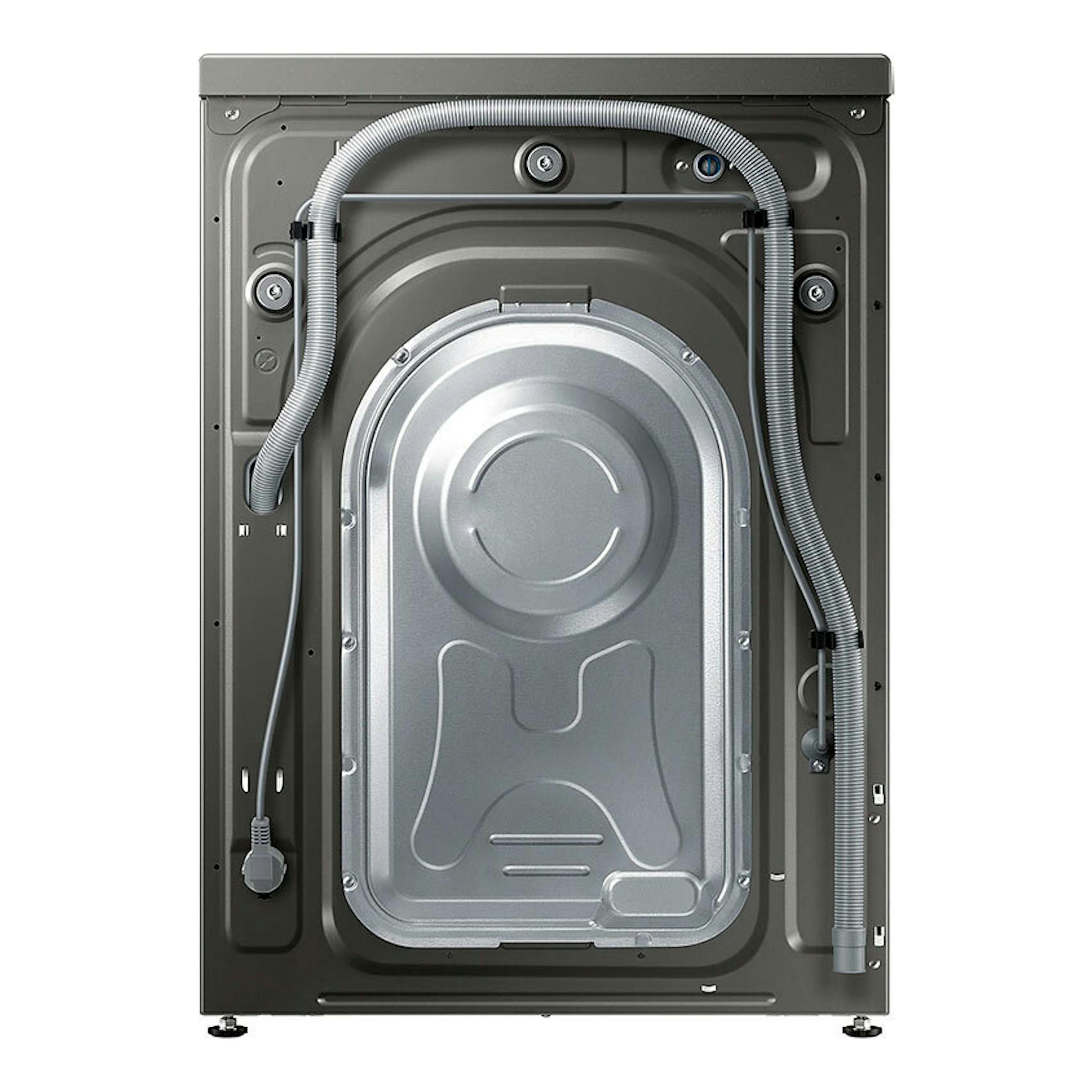Lavadora Samsung WW90T534DAN/S3 gris, vista trasera con mangueras y panel metálico.