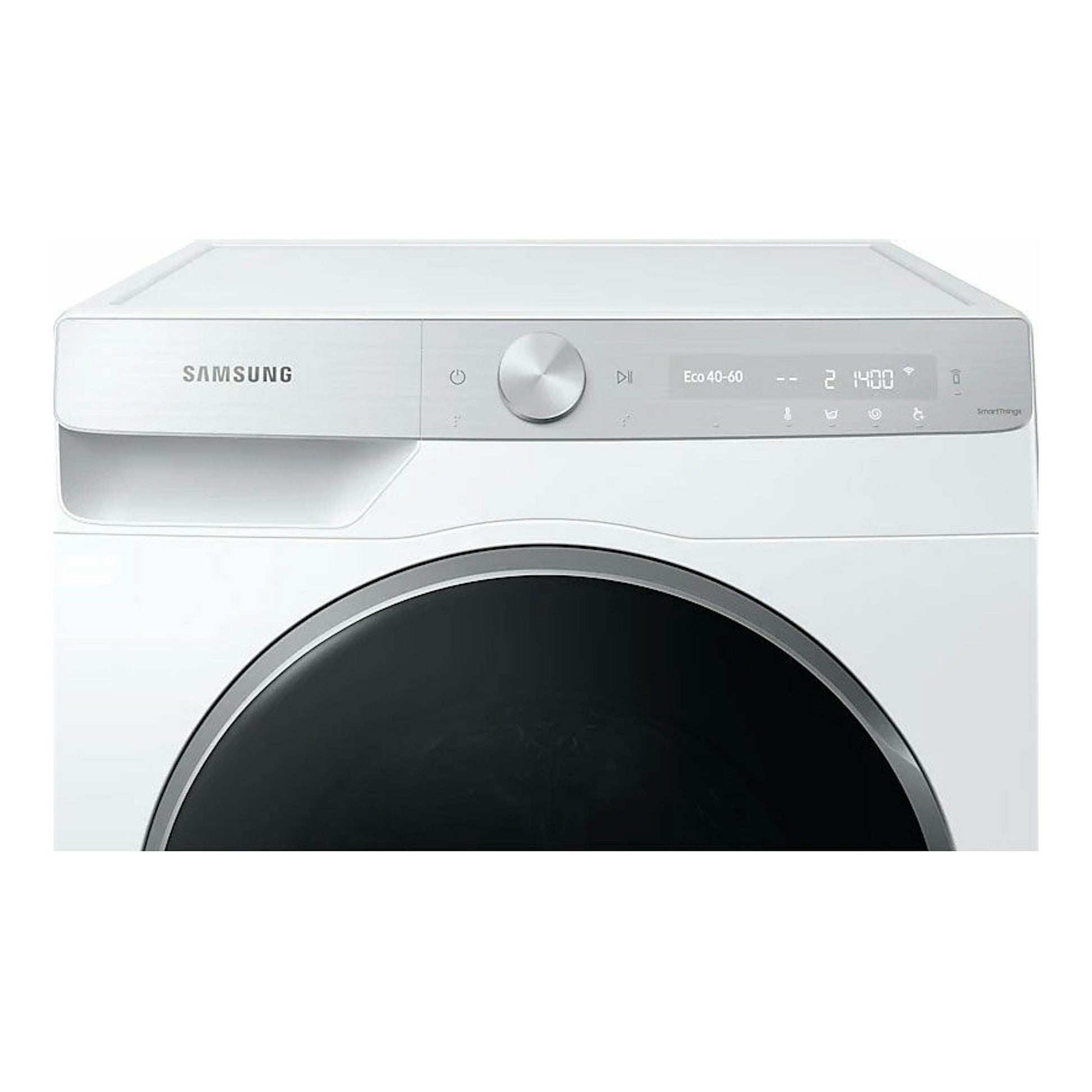 Lavadora Samsung WW90T936DSH/S3 blanca, vista frontal, con panel superior y puerta circular negra.