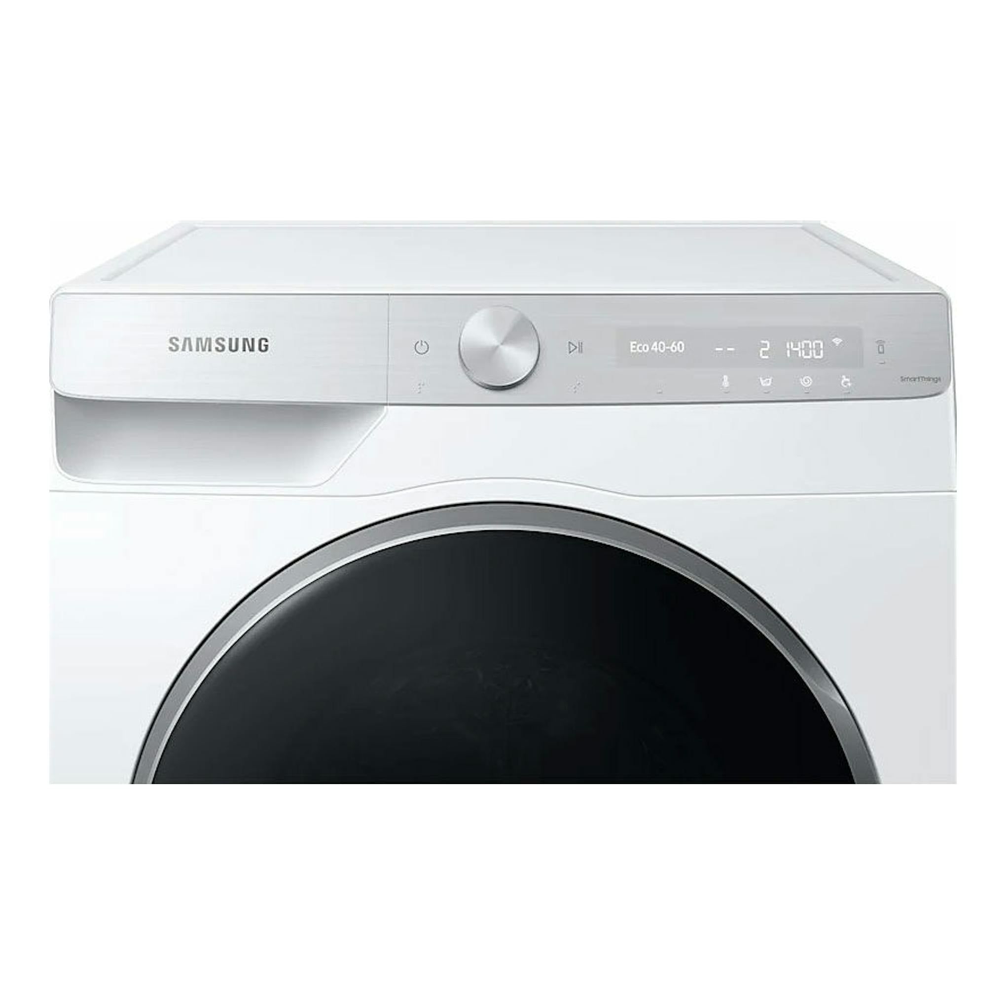 Lavadora Samsung WW90T936DSH/S3 blanca, vista frontal, con panel superior y puerta circular negra.
