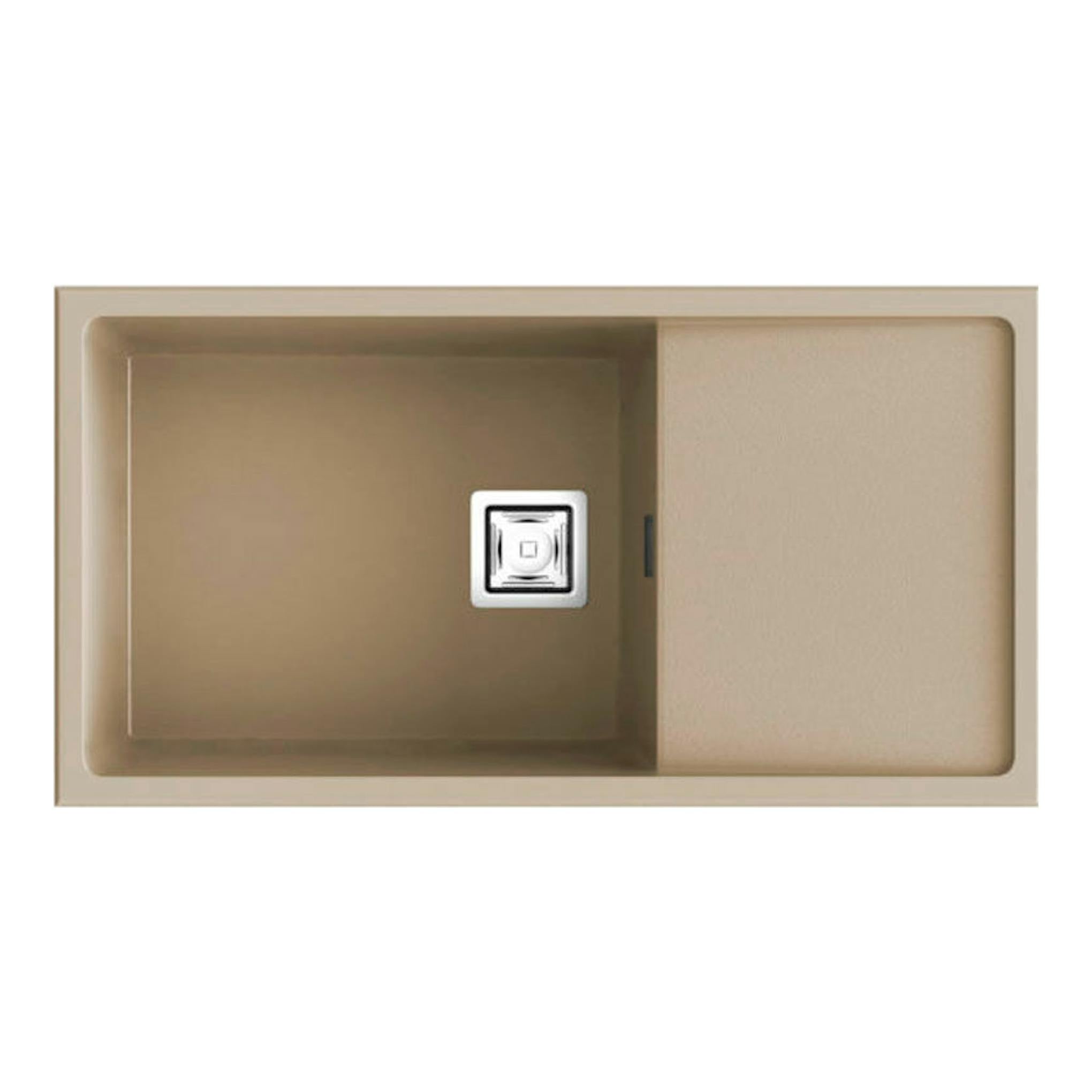 Fregadero Poalgi Zie 81 1/S+E en vista superior, color beige/albero, con cubeta izquierda y escurridor derecho.