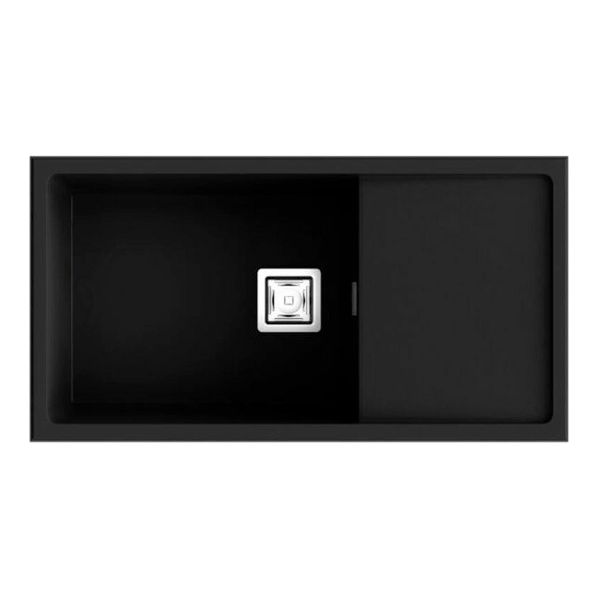 Fregadero Poalgi Zie 81 1/S+E basalto, vista cenital, negro, con cubeta izquierda y escurridor derecho.