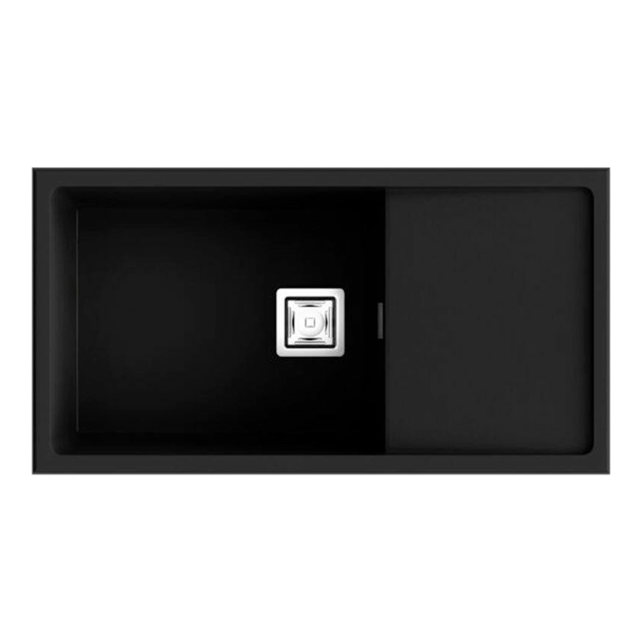 Fregadero Poalgi Zie 81 1/S+E basalto, vista cenital, negro, con cubeta izquierda y escurridor derecho.