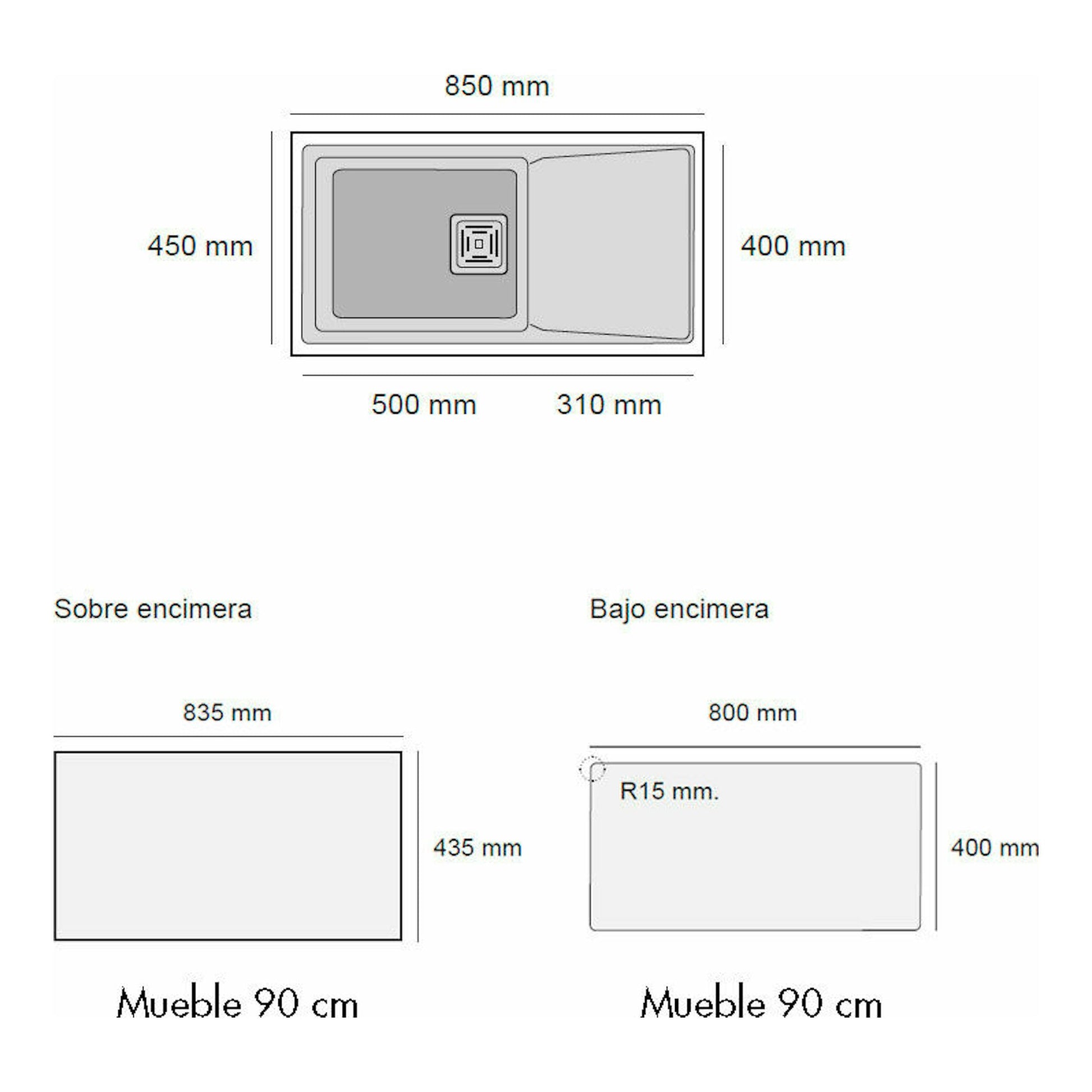 Poalgi Zie 81 1/S+E Basalto, esquema técnico de fregadero gris con seno y escurridor, 850x450 mm