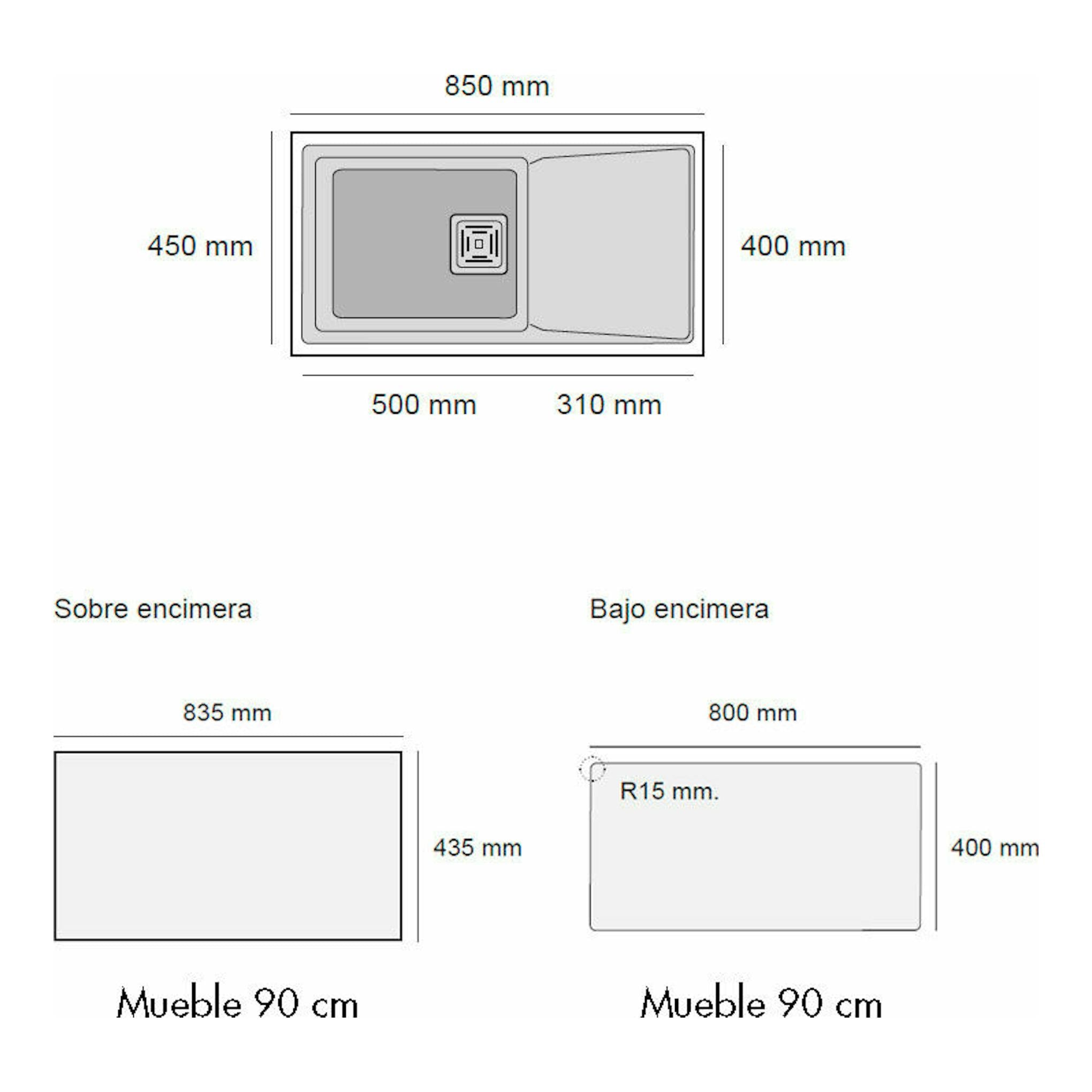 Poalgi Zie 81 1/S+E Basalto, esquema técnico de fregadero gris con seno y escurridor, 850x450 mm