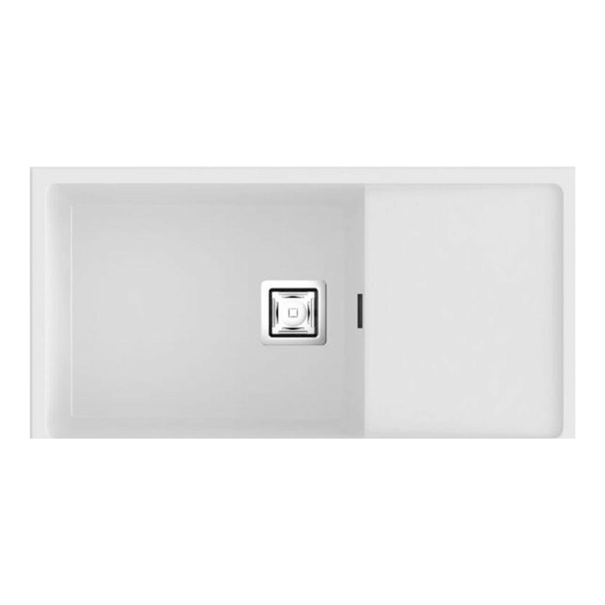 Fregadero Poalgi Zie 81 1/S+E blanco, vista superior, con cubeta a la izquierda y escurridor a la derecha.