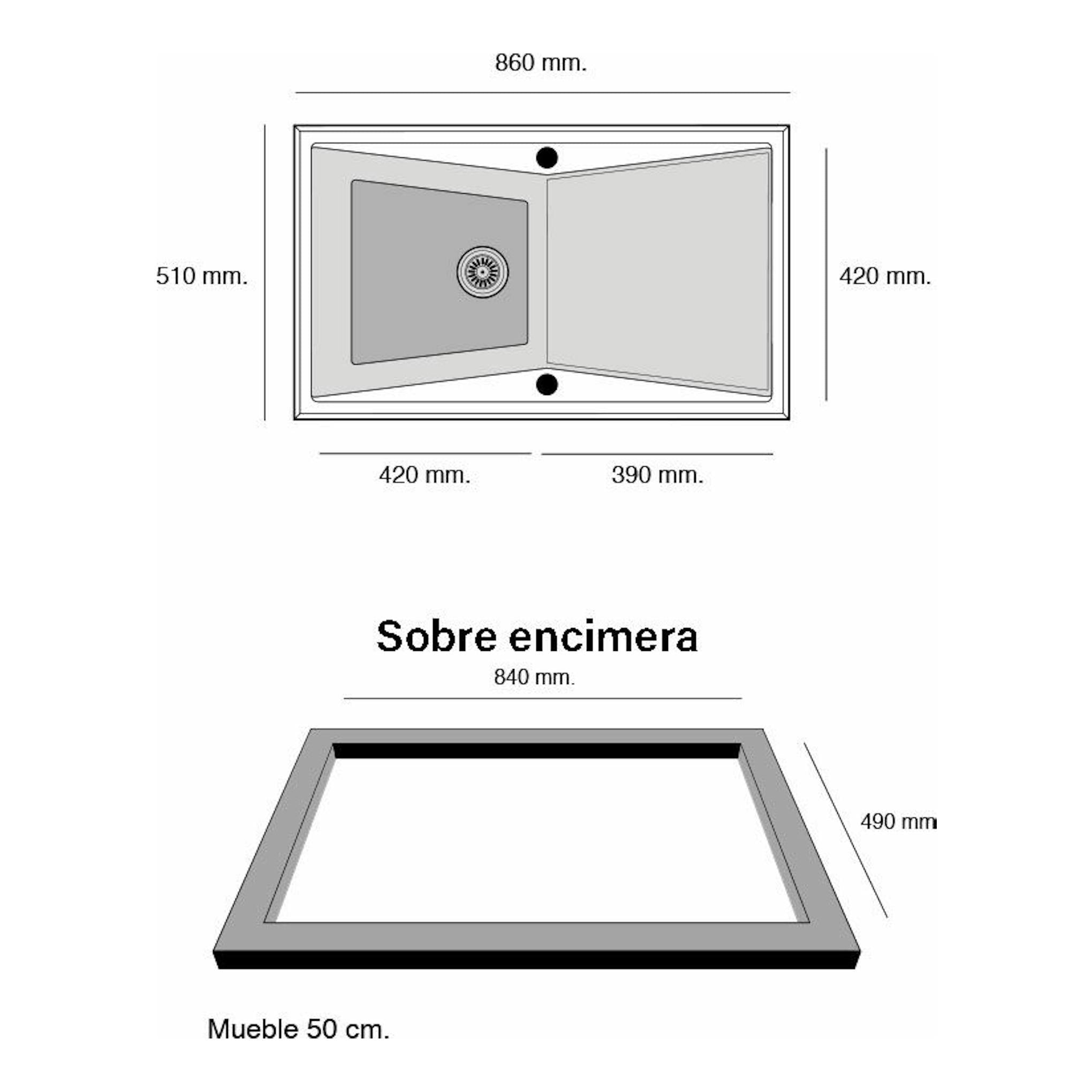 Fregadero Poalgi Kuma 86 1/S+E Concret brillo, dibujo técnico en vista superior con medidas.