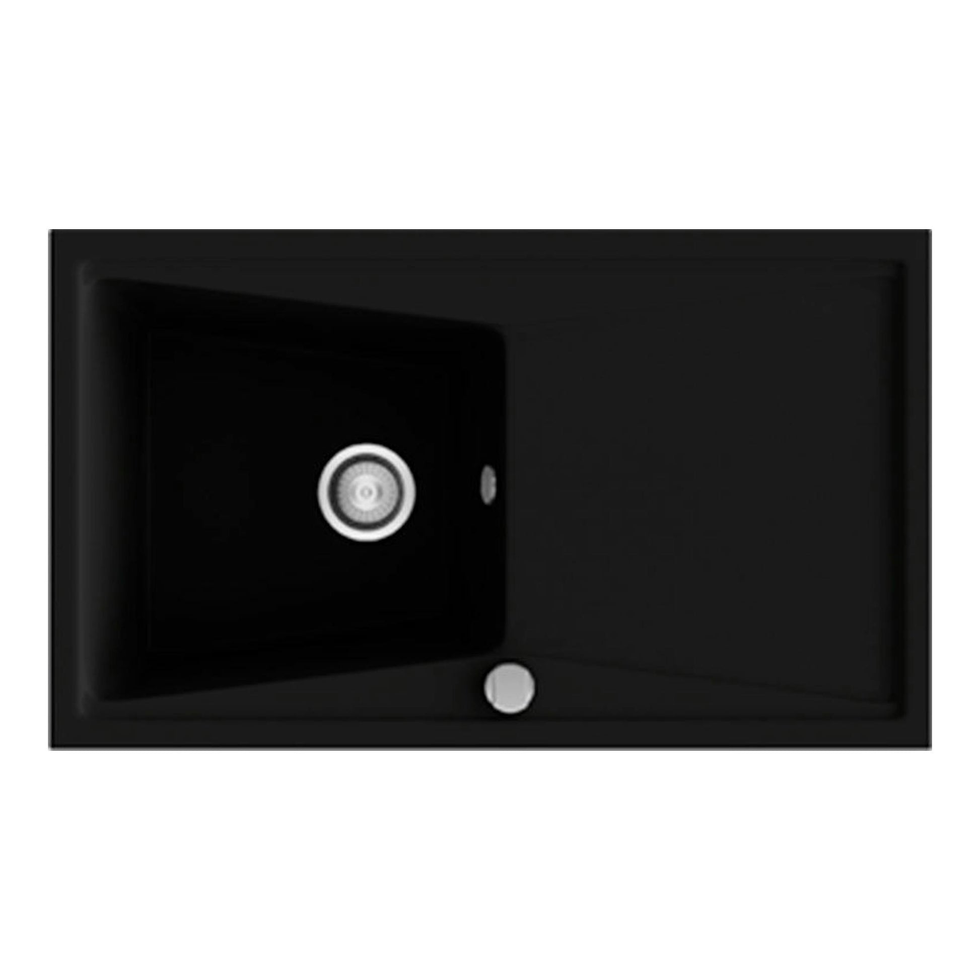 Fregadero Poalgi Kuma 86 negro brillante, vista superior, con cubeta izquierda y escurridor.