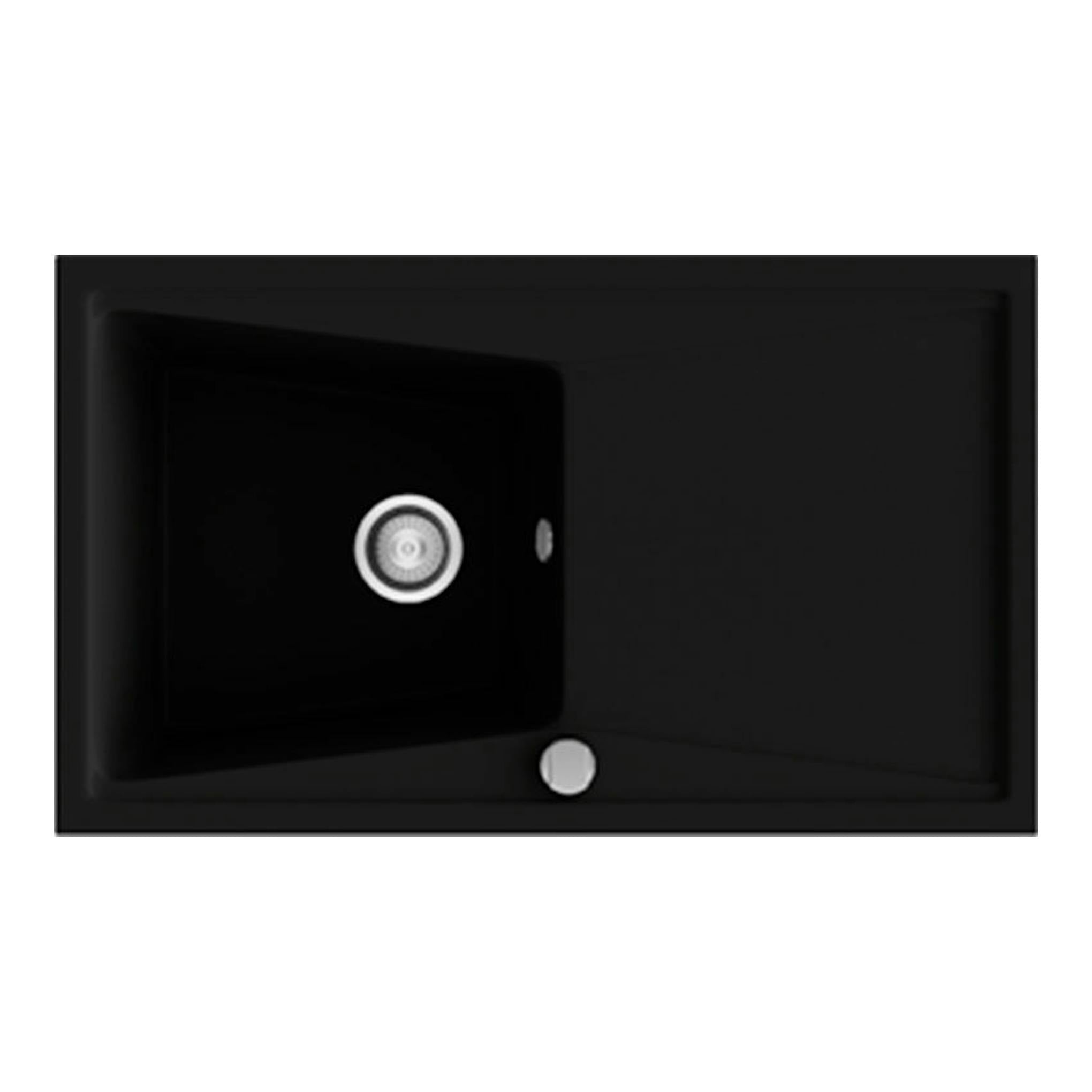 Fregadero Poalgi Kuma 86 negro brillante, vista superior, con cubeta izquierda y escurridor.