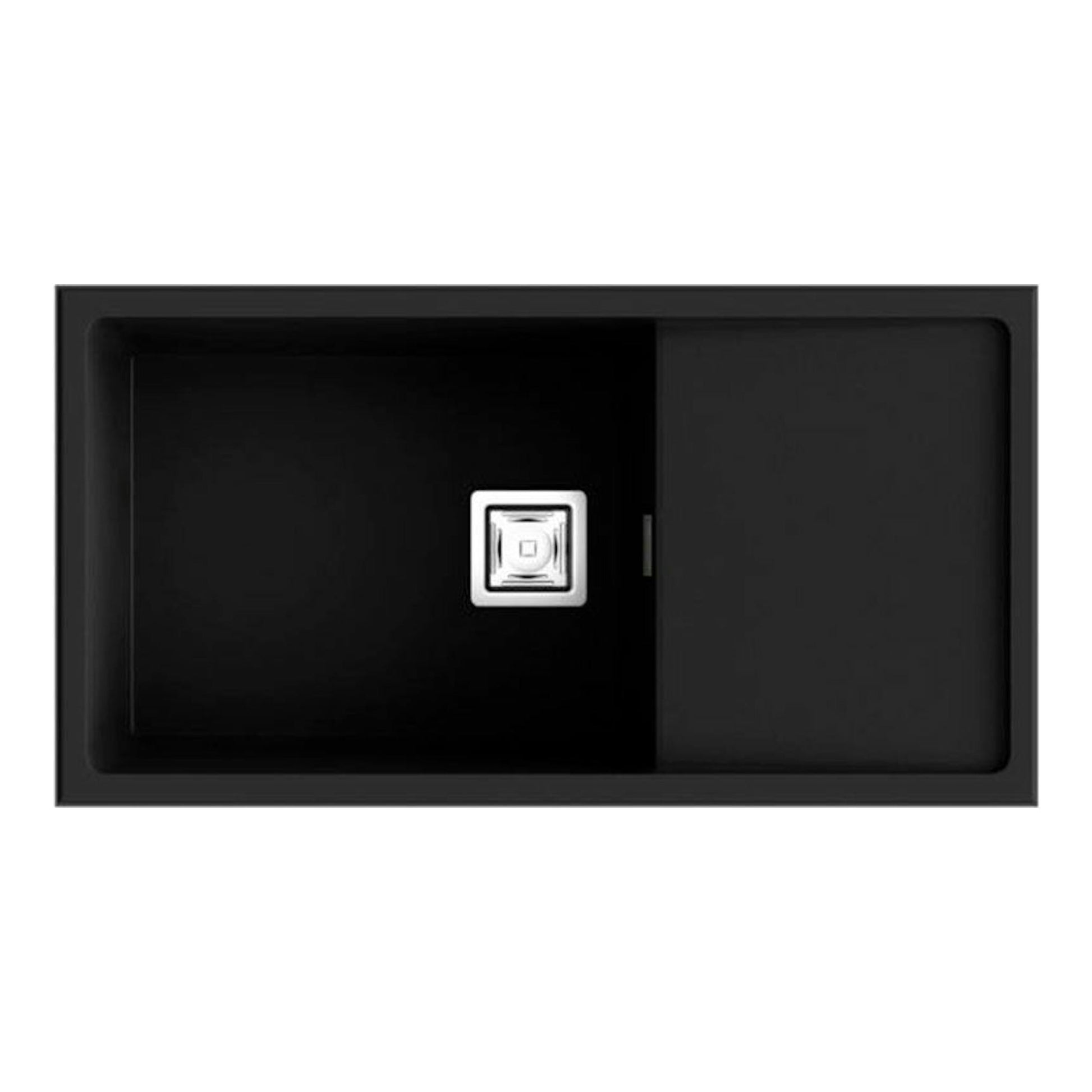 Fregadero Poalgi Zie 81 1/S+E negro brillante, vista cenital, cubeta izquierda y escurridor derecho.