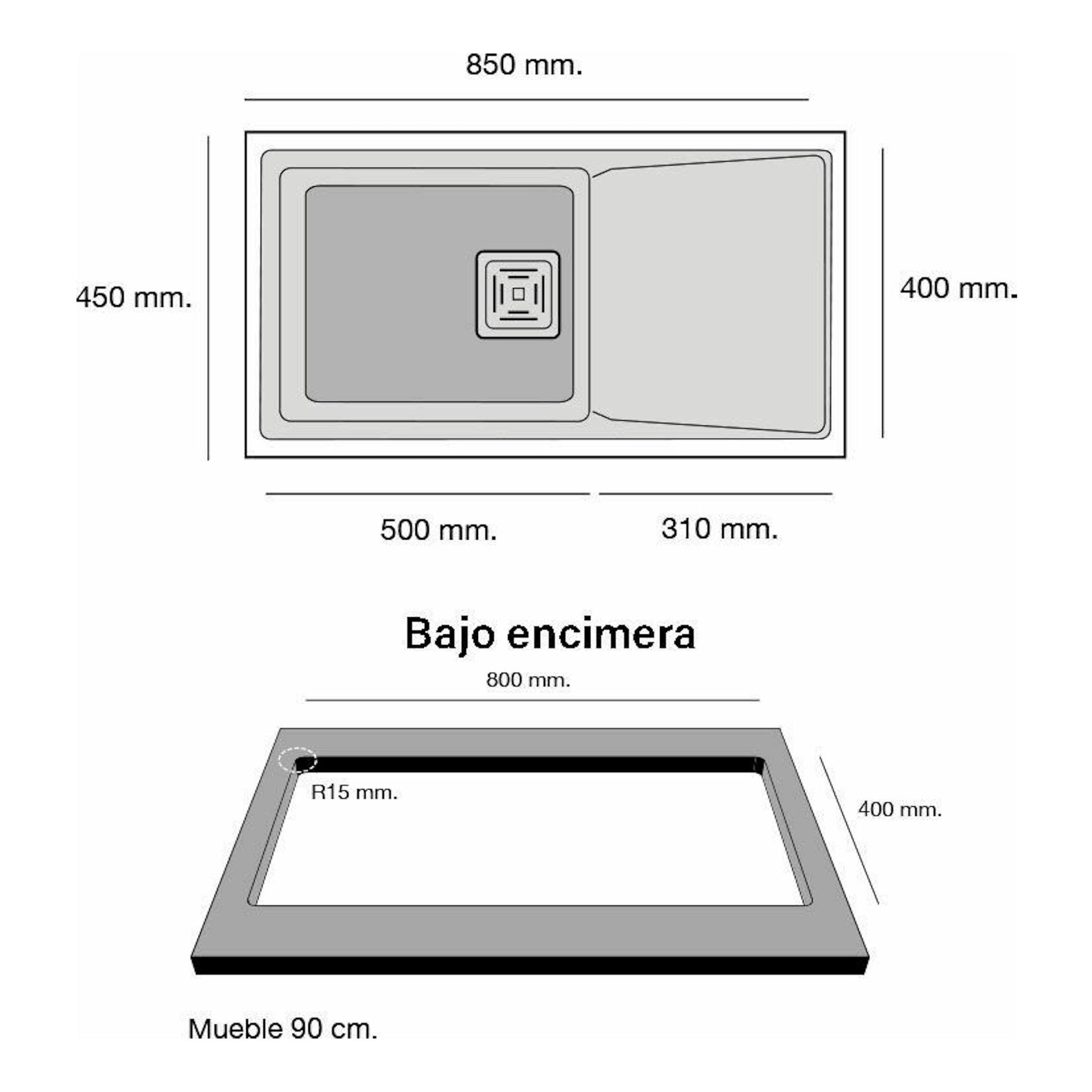 Fregadero Poalgi Zie 81 1/S+E negro, plano superior y vista bajo encimera con medidas.