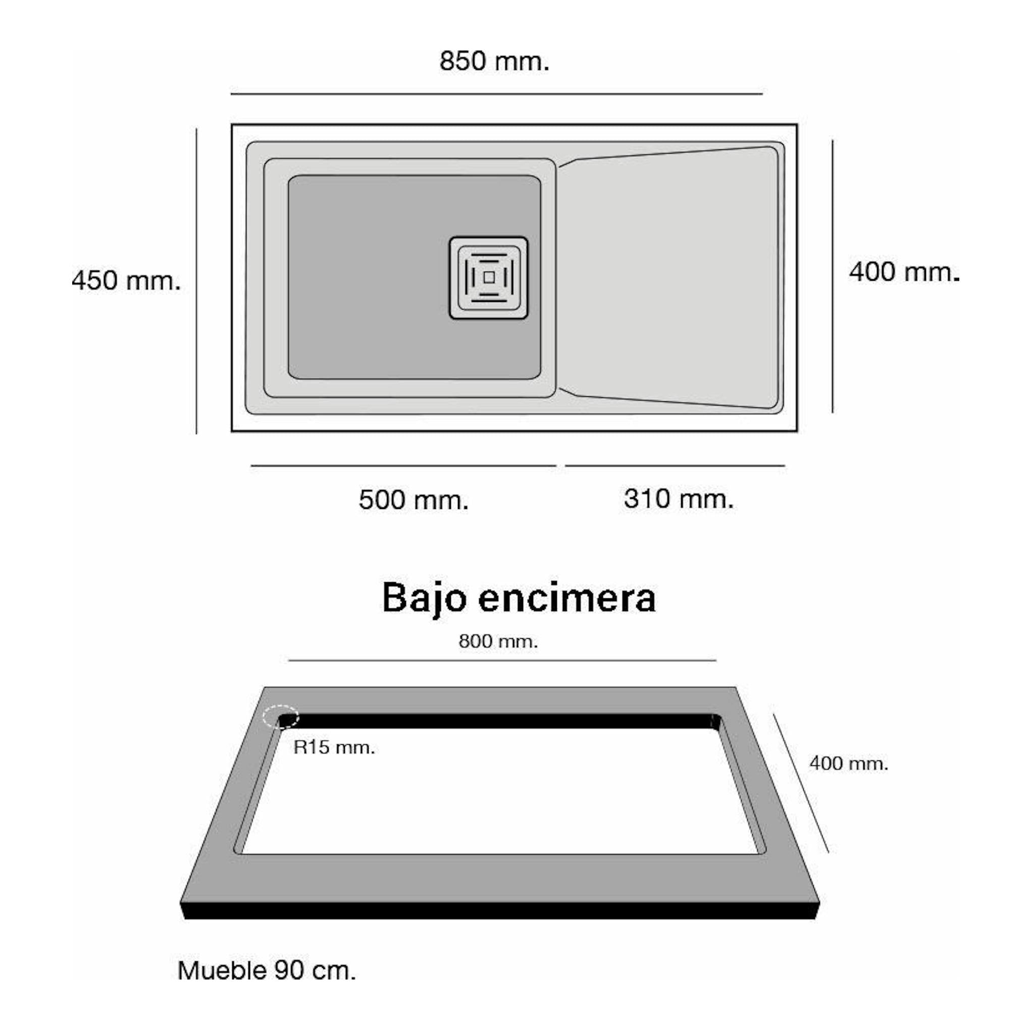 Fregadero Poalgi Zie 81 1/S+E negro, plano superior y vista bajo encimera con medidas.
