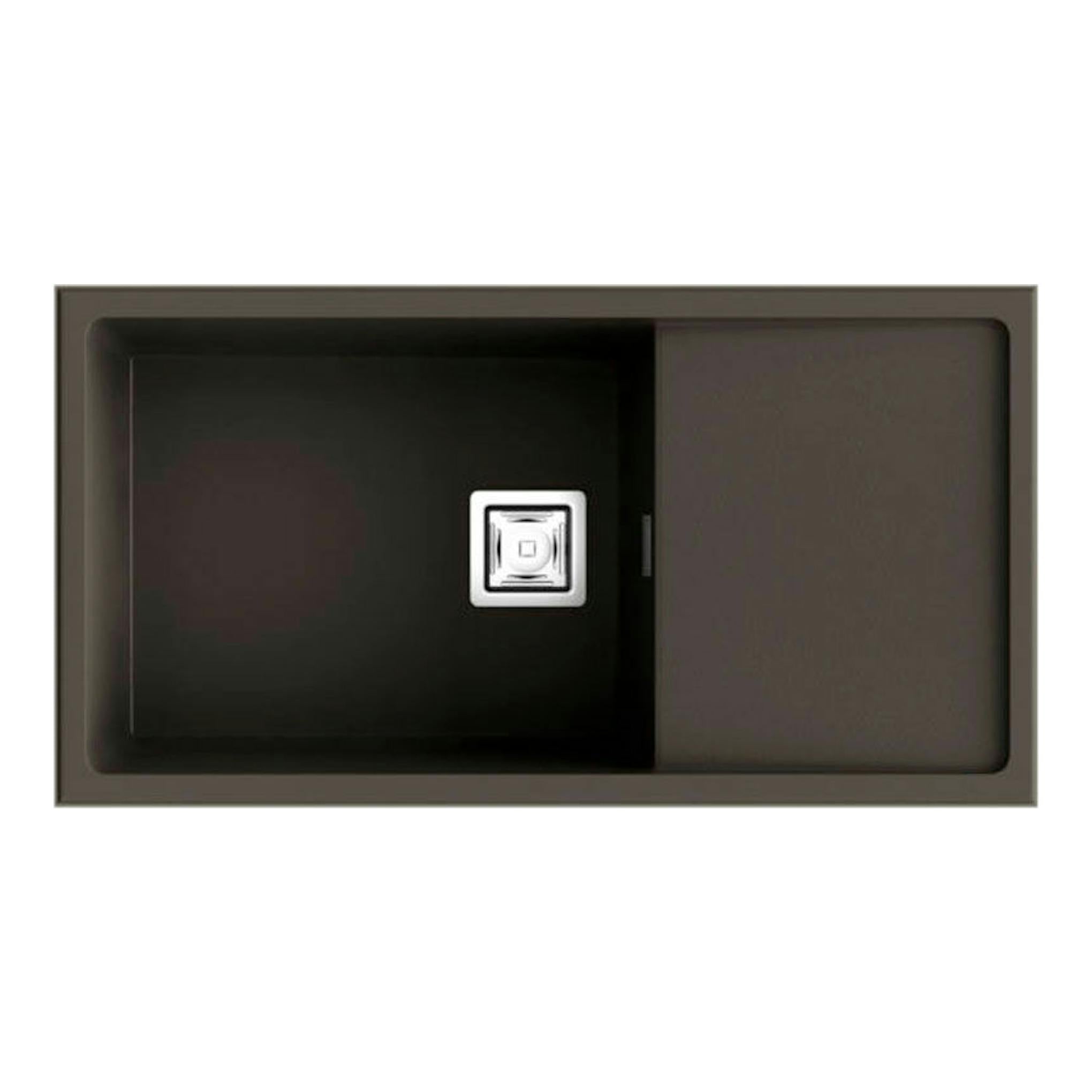 Fregadero Poalgi Zie 81 1/S+E Tundra brillo, vista superior, marrón oscuro, con cubeta y escurridor.