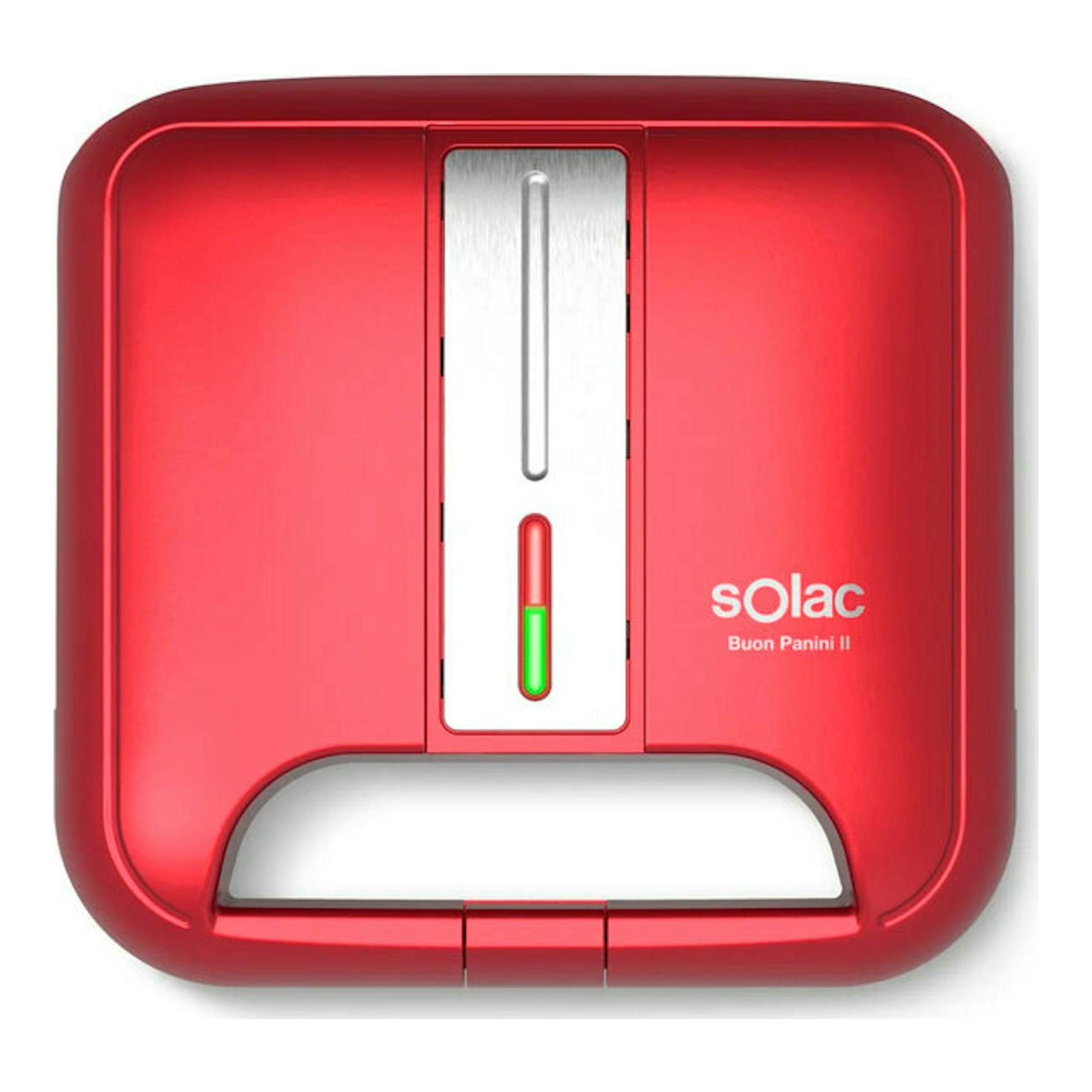Sandwichera roja Solac SD5058, vista superior, con indicador luminoso y cierre frontal.