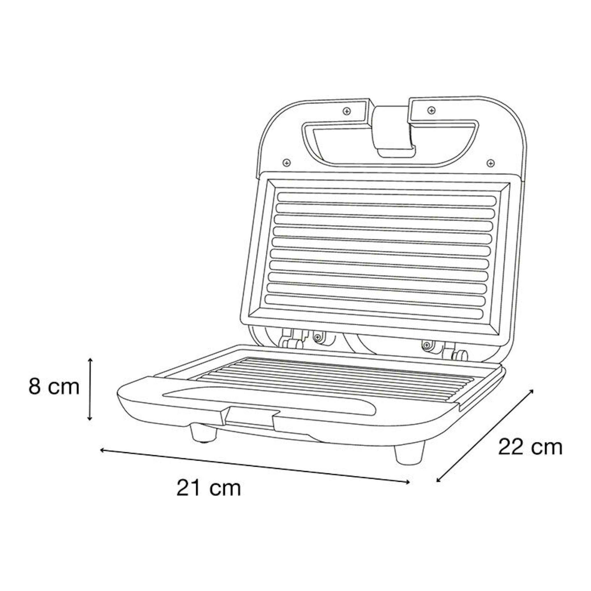 Sandwichera Solac SD5058 abierta, vista frontal en blanco y negro, con medidas 21 x 22 x 8 cm.