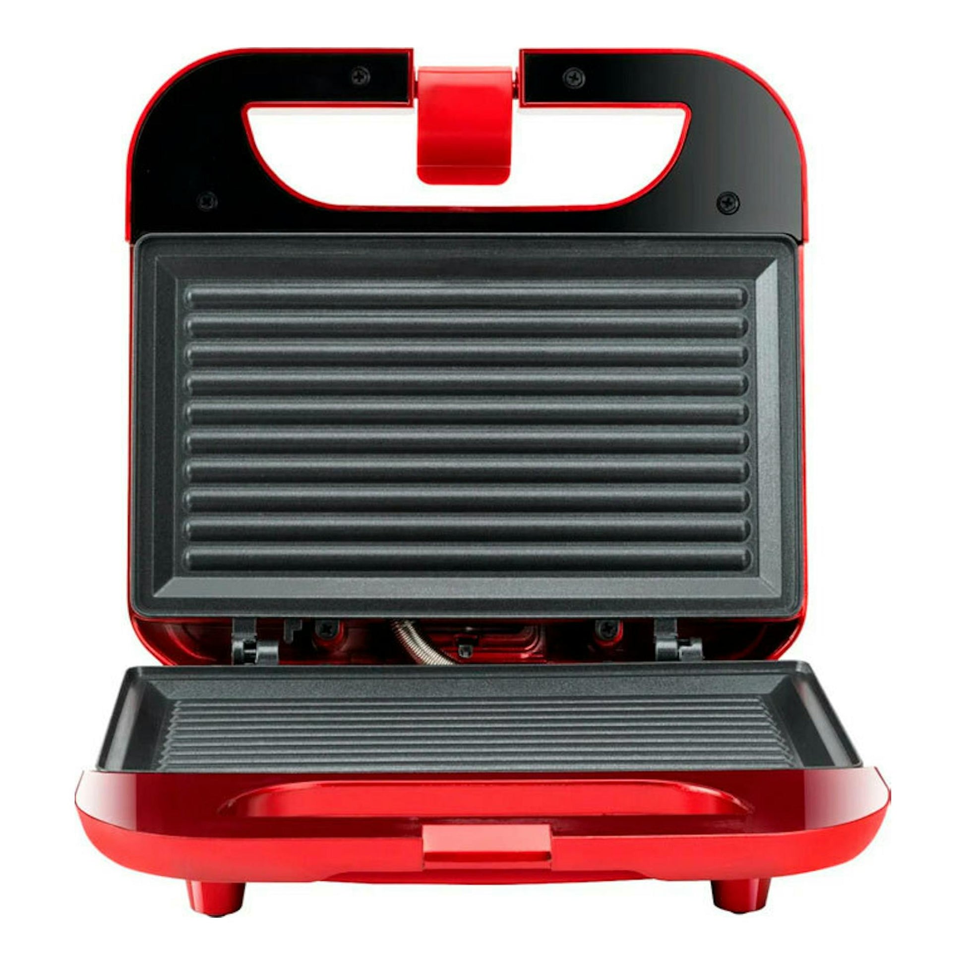 Sandwichera Solac SD5058 roja y negra, abierta en vista frontal, con placas grill acanaladas.