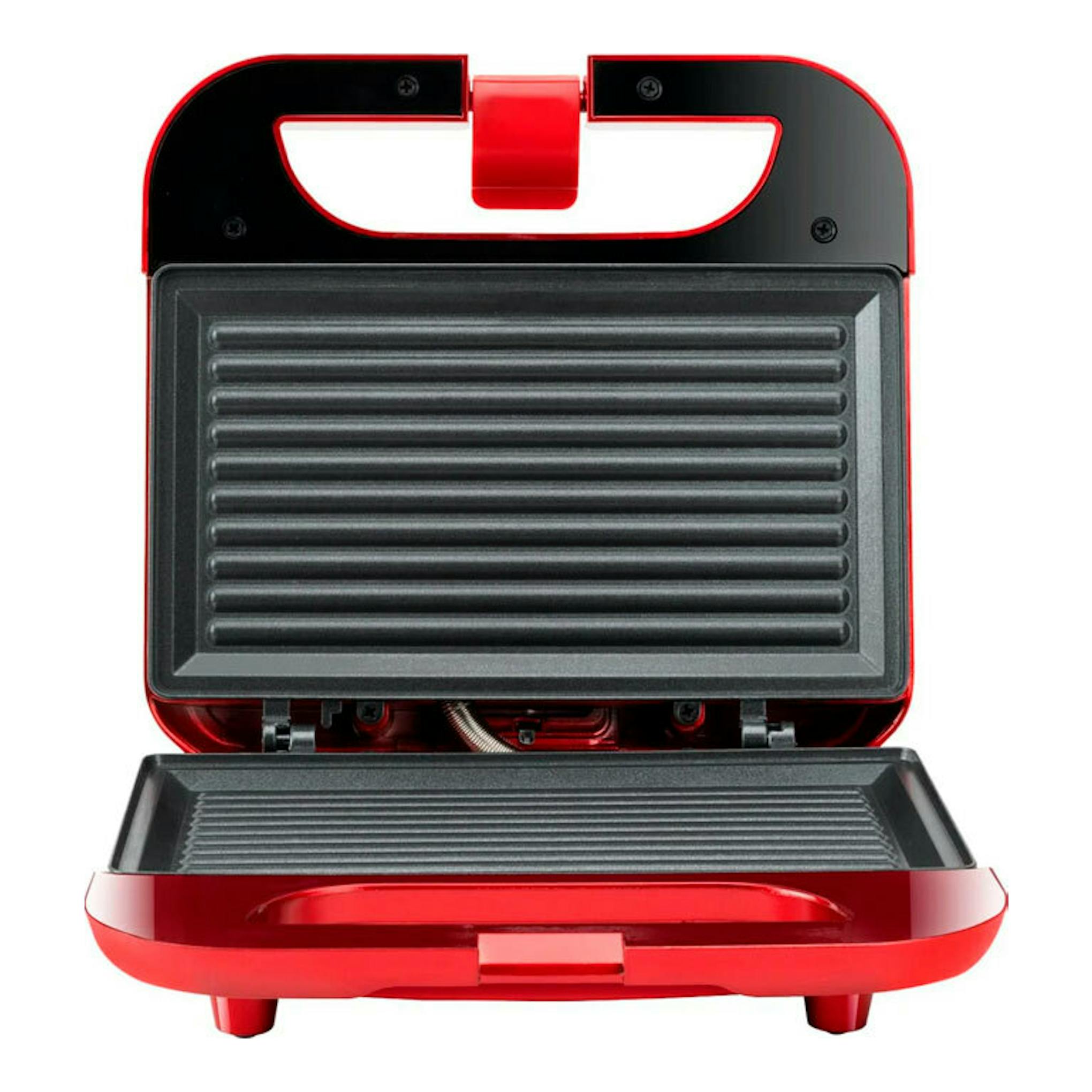 Sandwichera Solac SD5058 roja y negra, abierta en vista frontal, con placas grill acanaladas.