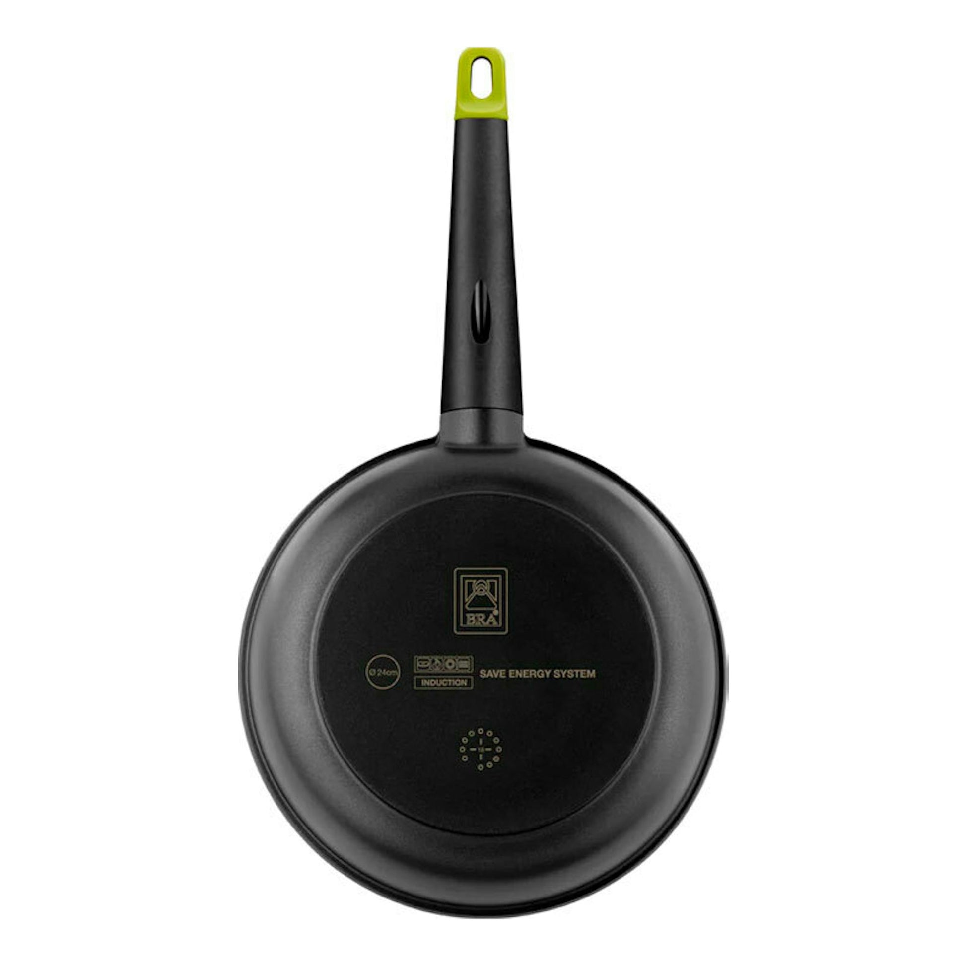 Sartén Bra Foodie 20 negra, vista cenital, con mango negro y extremo verde.