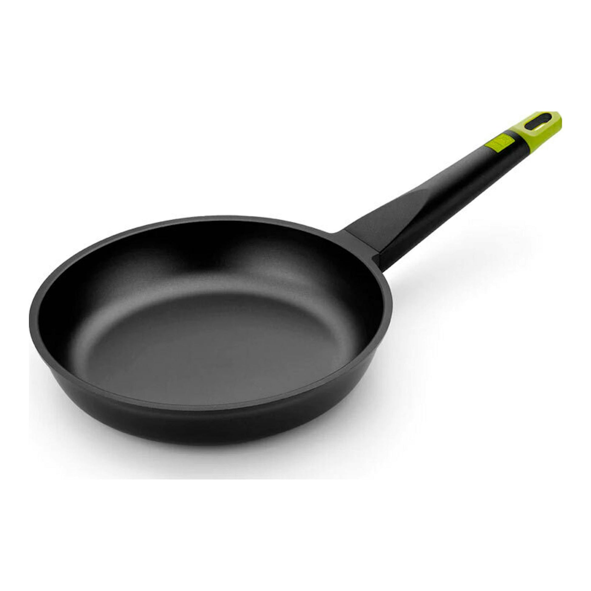 Sartén Bra Foodie 24 negra, vista en ángulo, con mango negro y detalles verde lima.