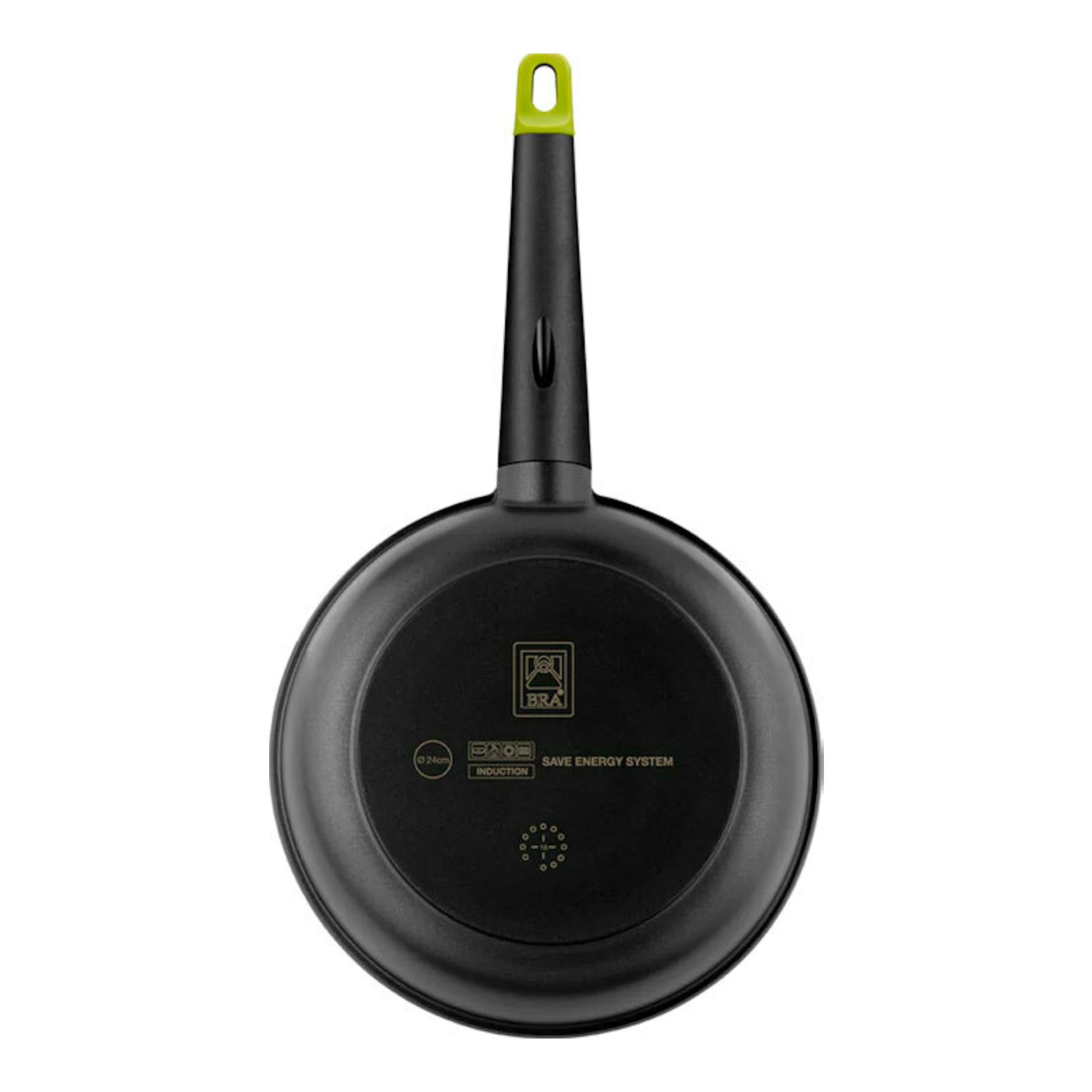 Sartén Bra Foodie negra de 24 cm, vista frontal, con mango negro y detalle verde.