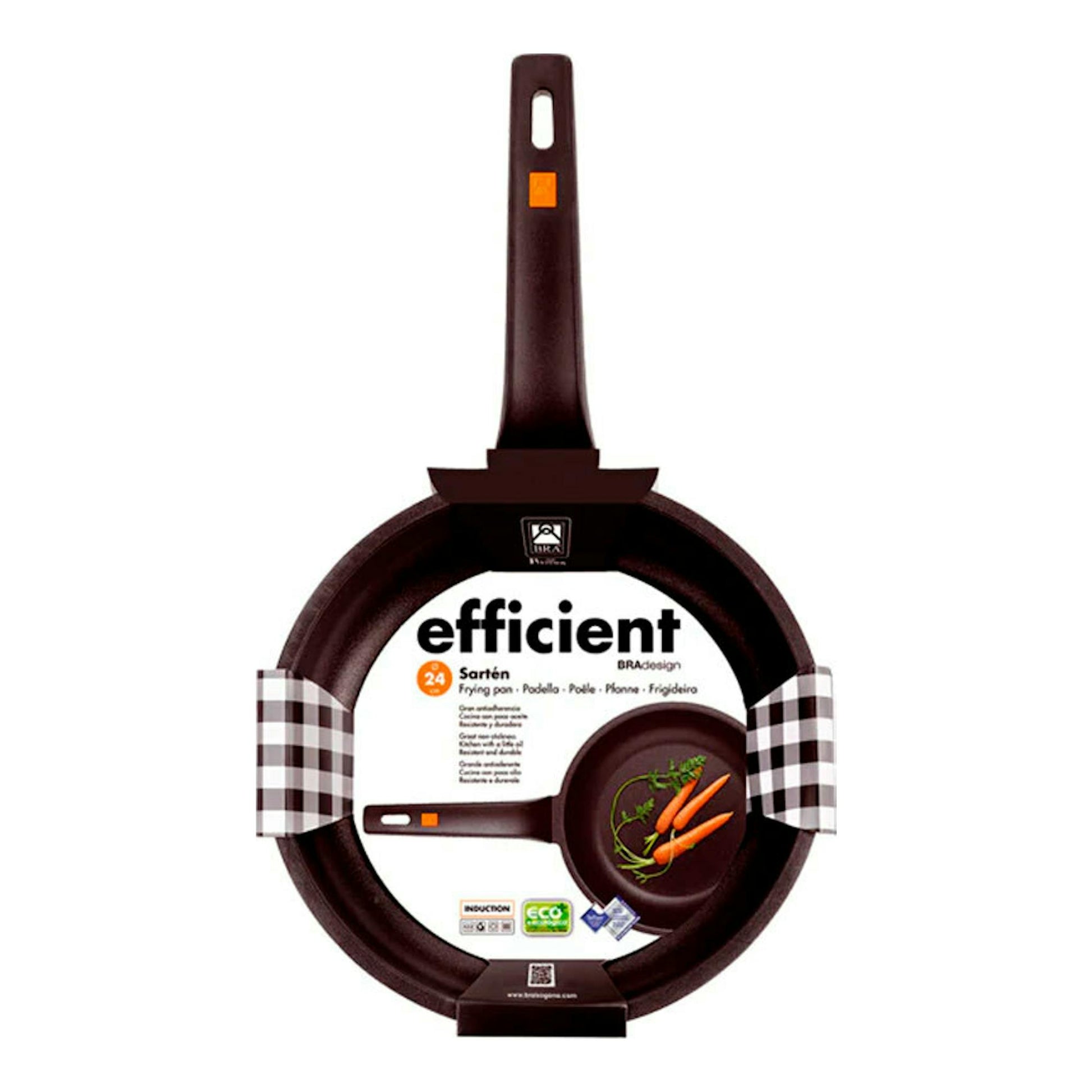 Sartén BRA Efficient negra, vista frontal, con mango largo y envase.