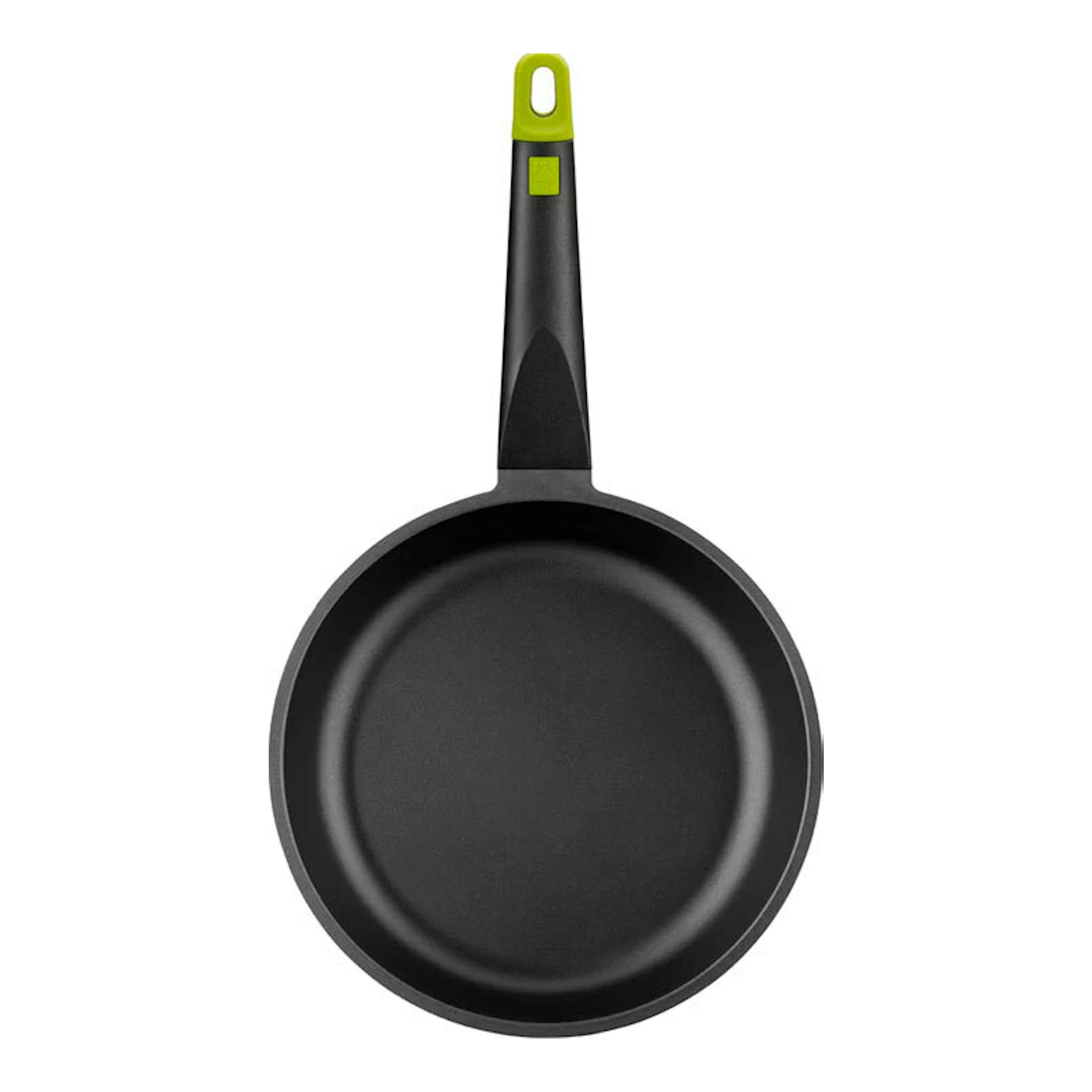 Sartén Bra Foodie 30 negra, vista cenital, con mango negro y detalle verde.