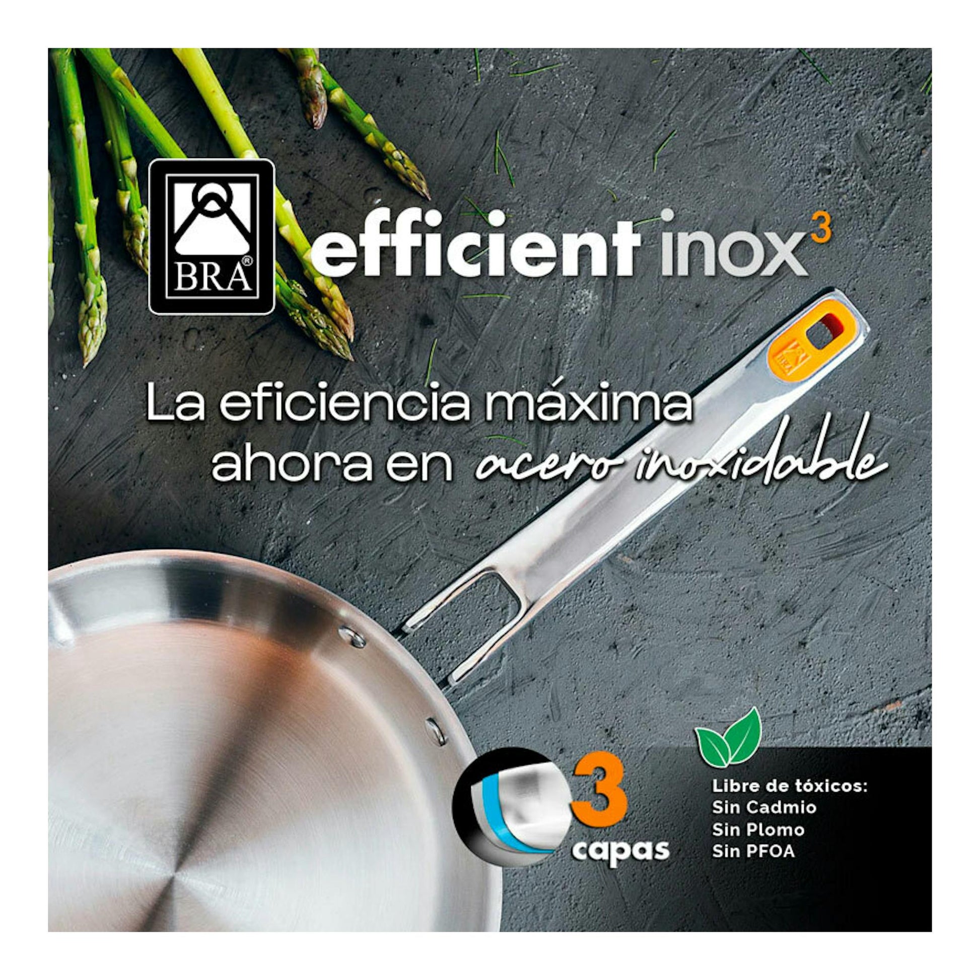 Sartén Bra Efficient Inox 3 de acero inoxidable, vista cenital parcial, con mango largo plateado.