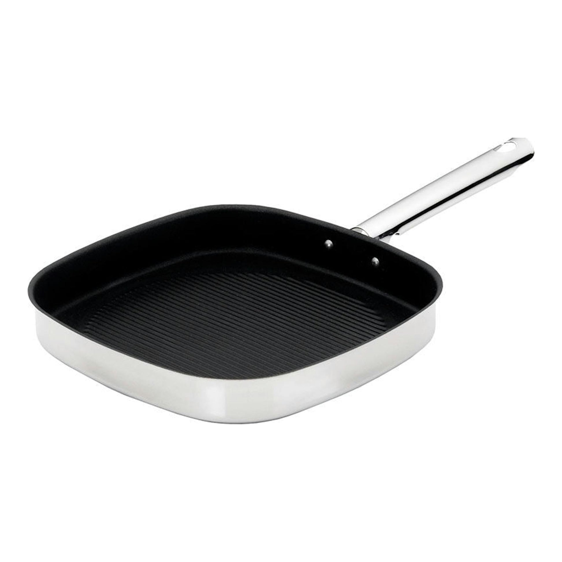 Sartén grill cuadrada Teka, negra por dentro y plateada por fuera, con mango metálico, vista en ángulo.