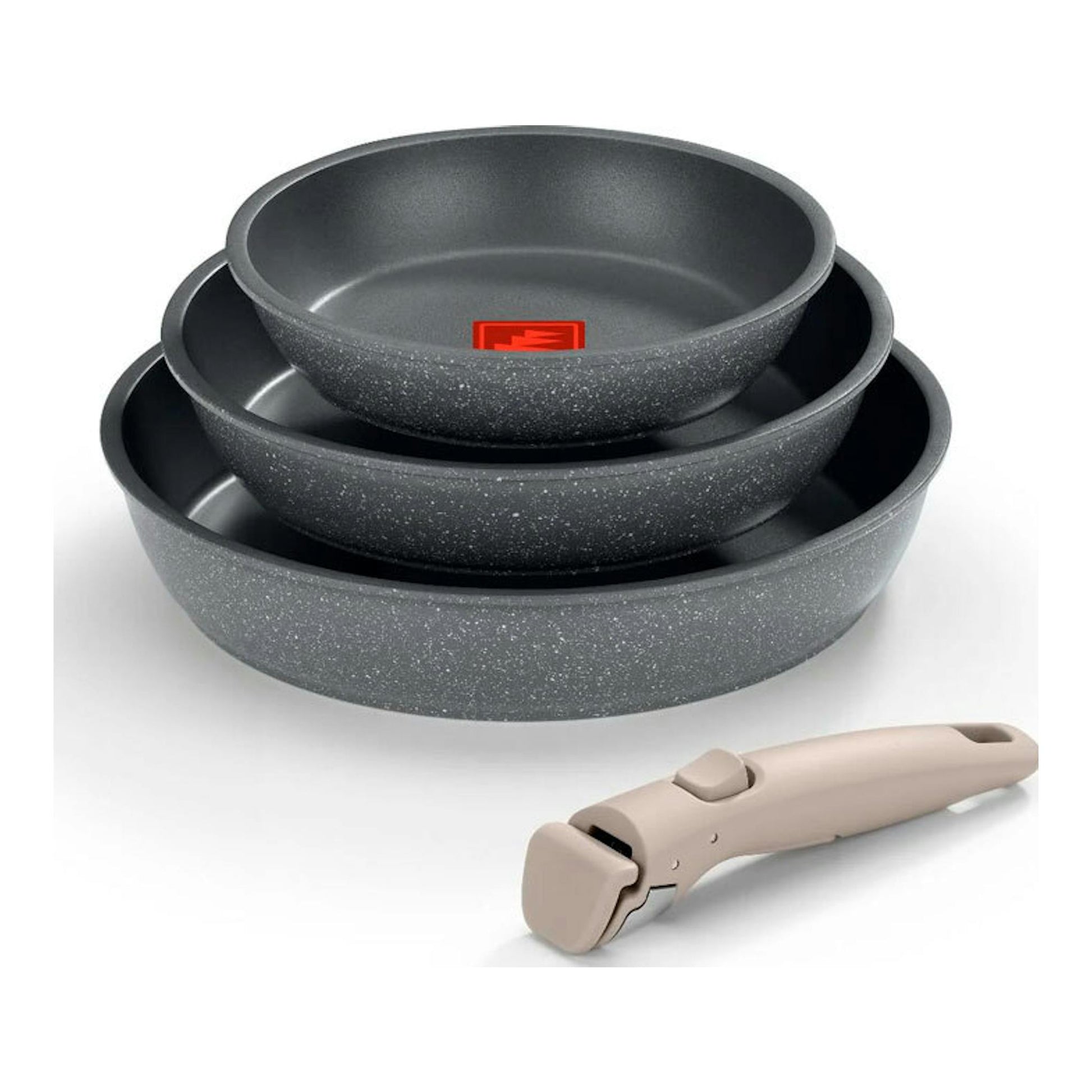 Sartenes Monix One Click Pietra: tres sartenes grises apiladas y un mango desmontable beige.