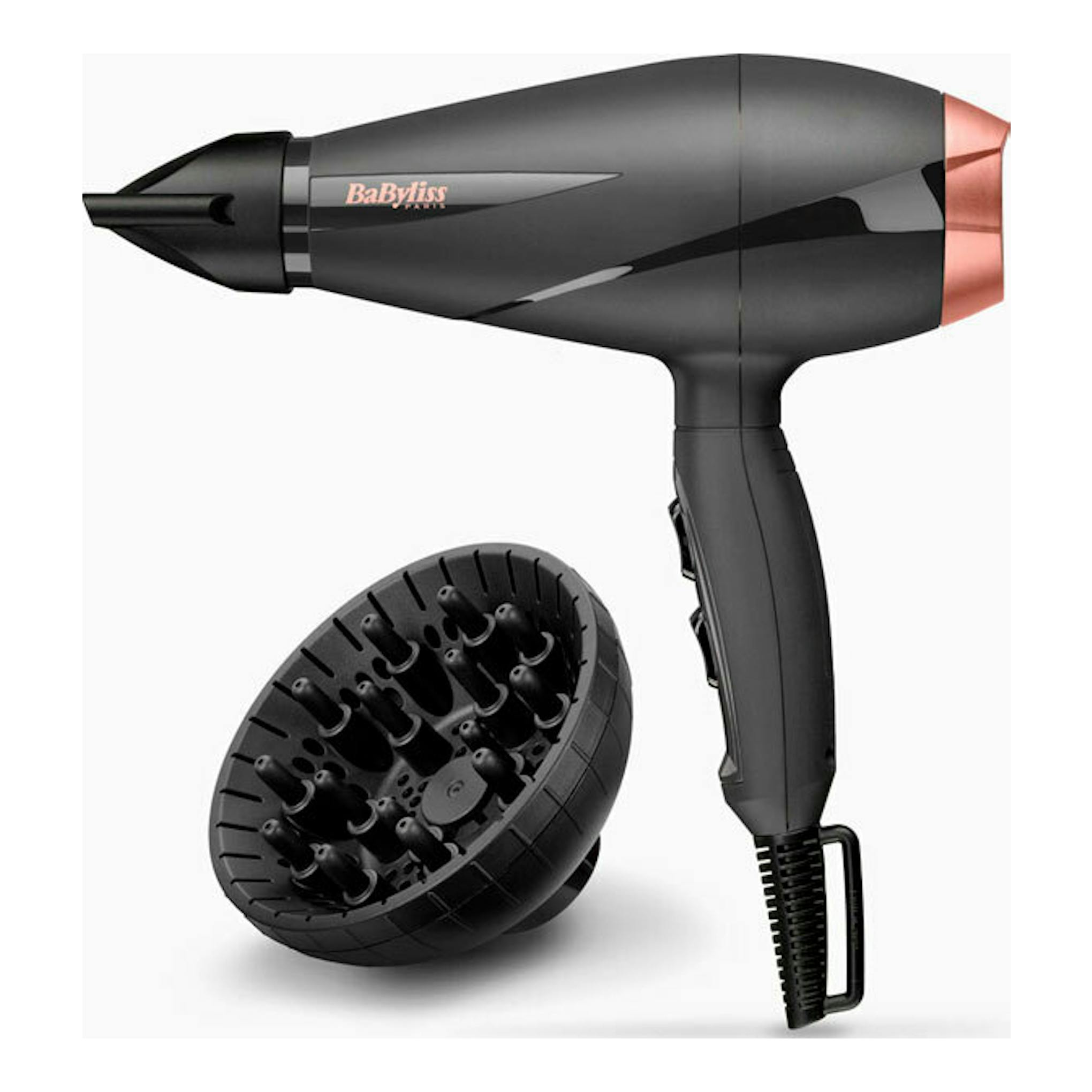 Secador BaByliss 6709DE negro con detalles cobre, vista lateral, con difusor desmontable sobre fondo blanco