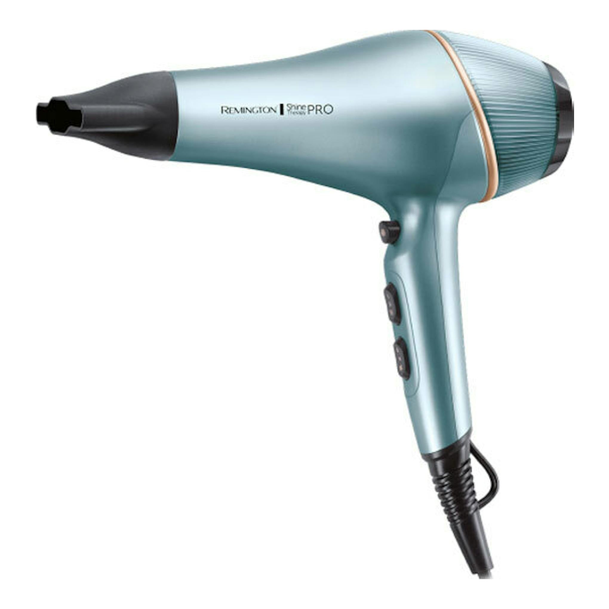 Secador Remington AC9300 azul verdoso, vista lateral, con boquilla negra y cable visible.