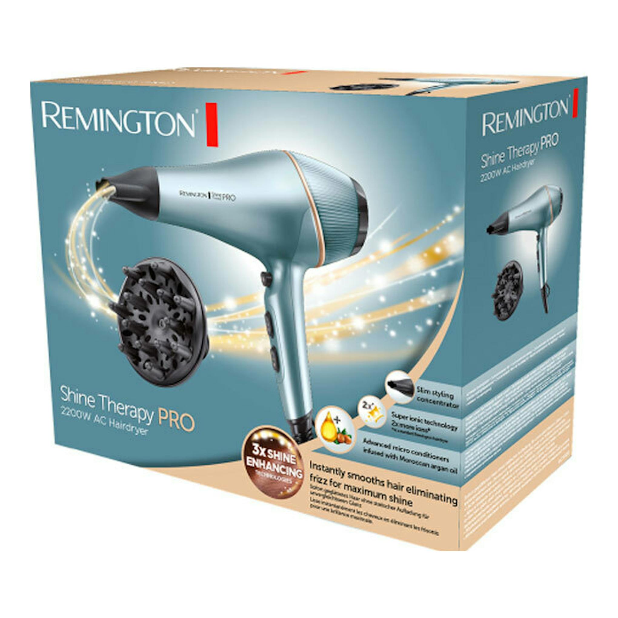 Caja de secador Remington AC9300 Shine Therapy Pro, en vista 3/4, color azul turquesa y beige.