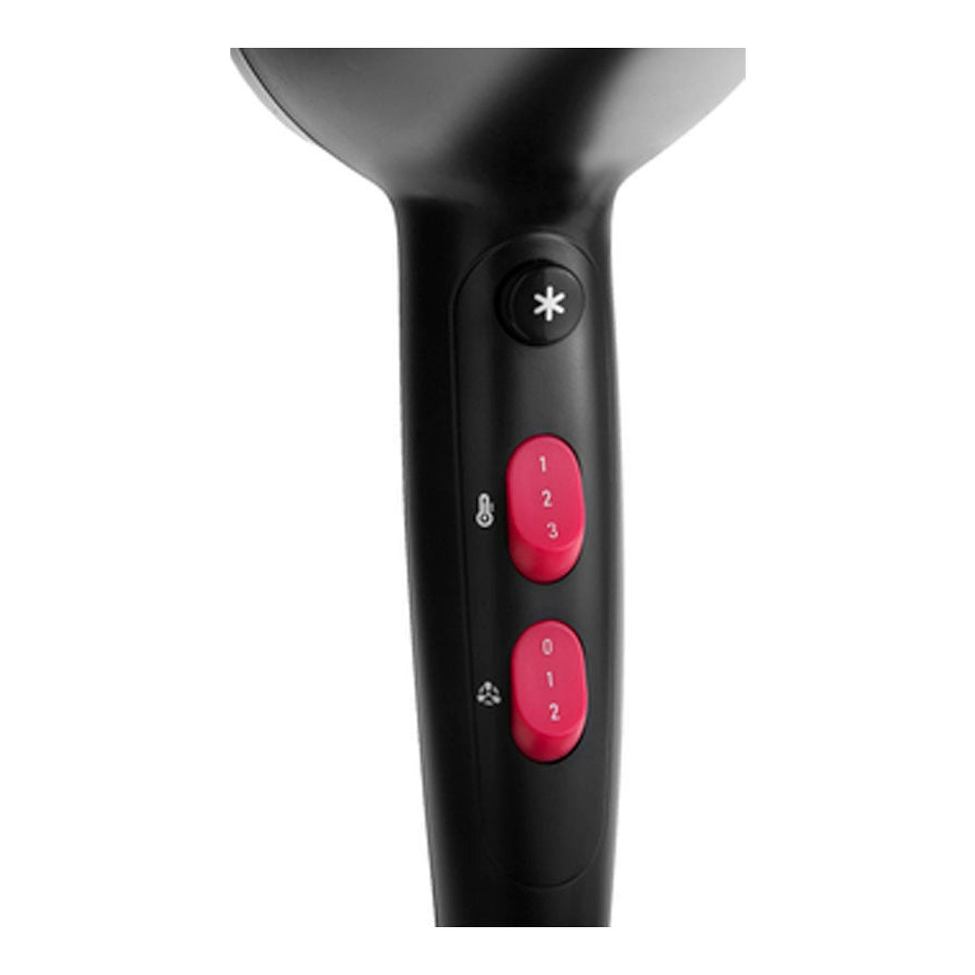 Secador Rowenta CV5712F0 negro, vista frontal del mango con botones rosas.