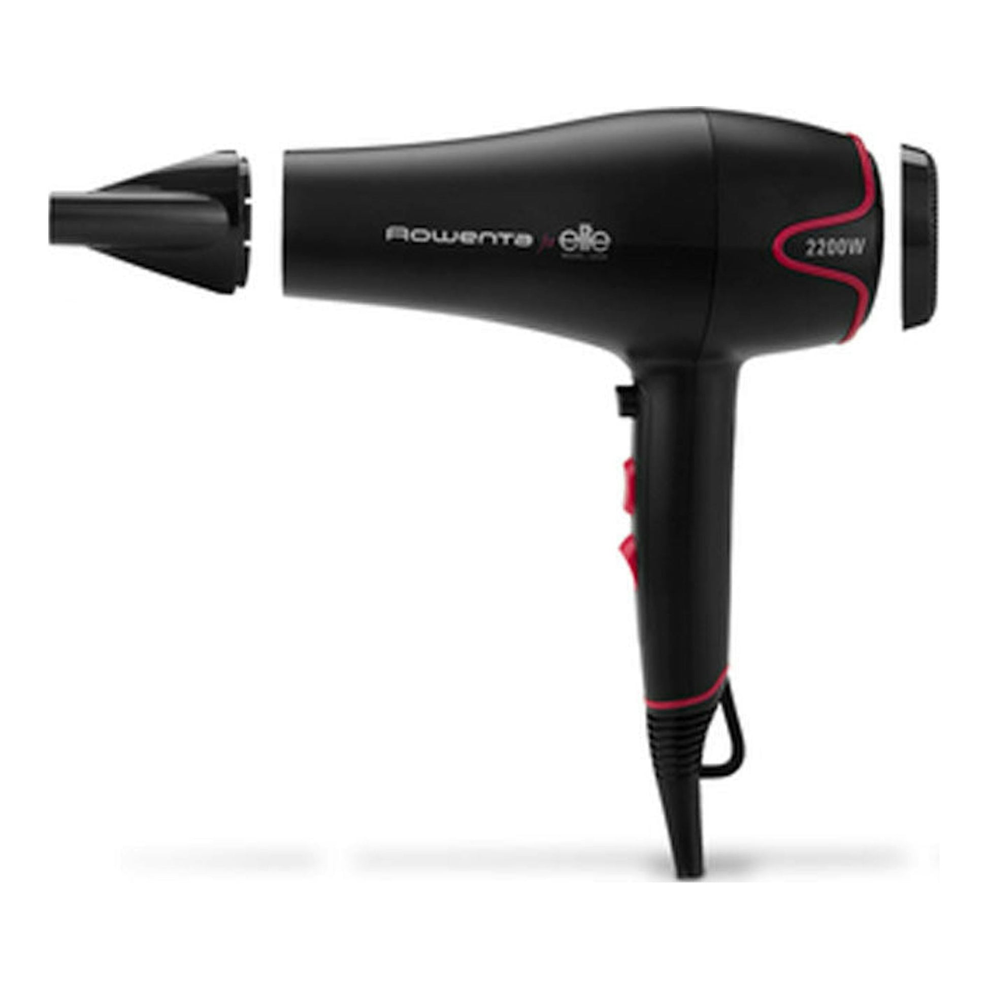 Secador Rowenta CV5712F0 negro con detalles rojos, vista lateral, 2200 W, con boquilla y filtro trasero.