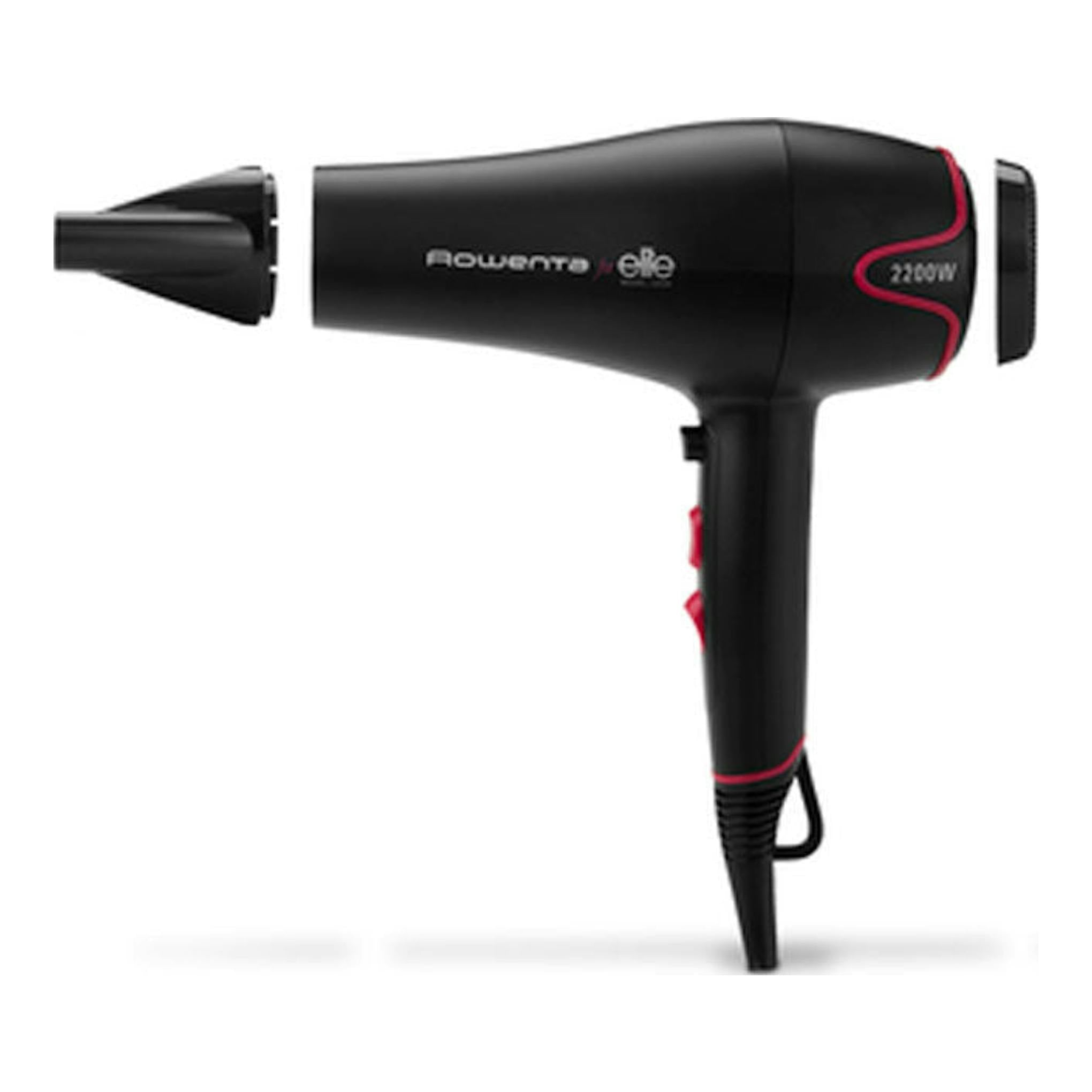 Secador Rowenta CV5712F0 negro con detalles rojos, vista lateral, 2200 W, con boquilla y filtro trasero.