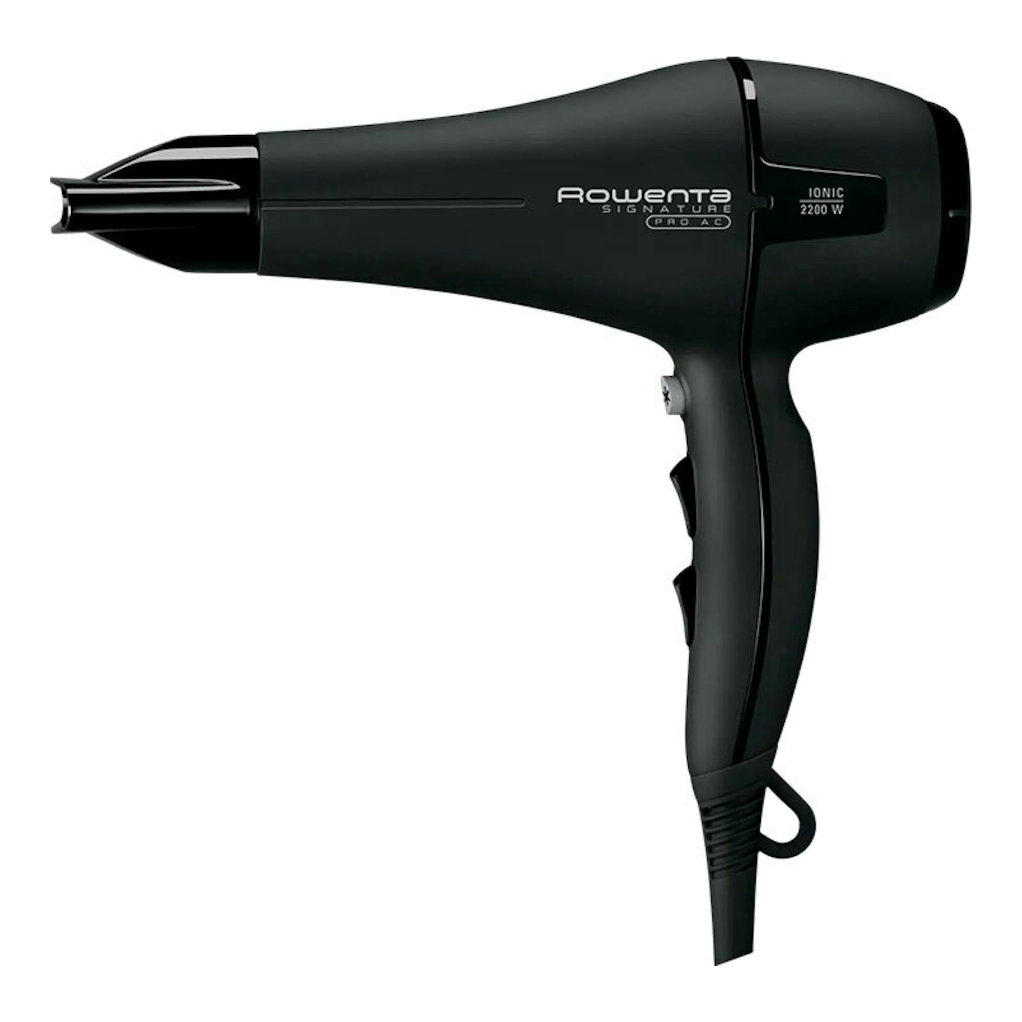 Secador Rowenta CV7810F0 negro, vista lateral, con boquilla estrecha e indicador IONIC 2200 W.