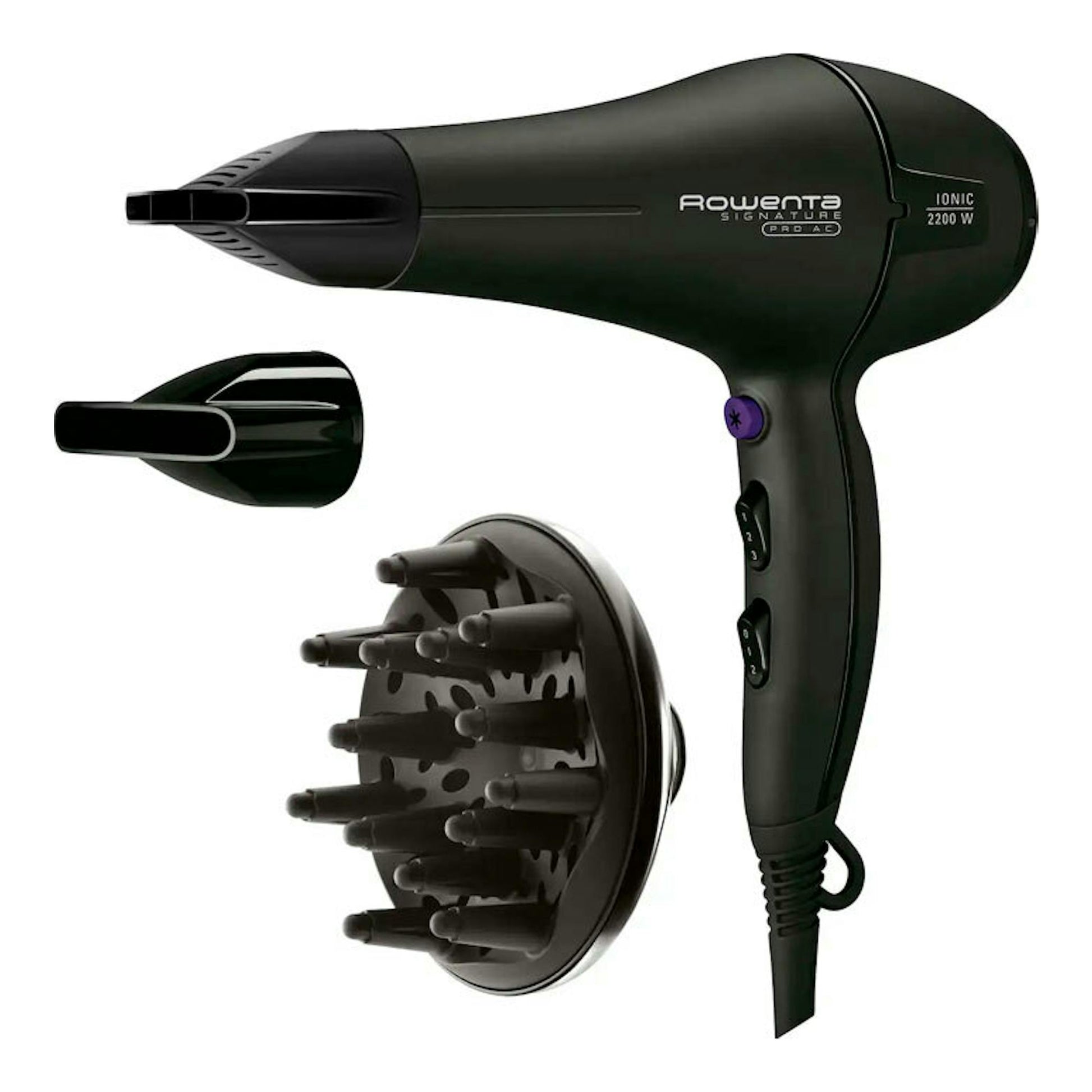 Secador Rowenta CV7840F0 negro, vista lateral, con boquilla, difusor y accesorio peine.