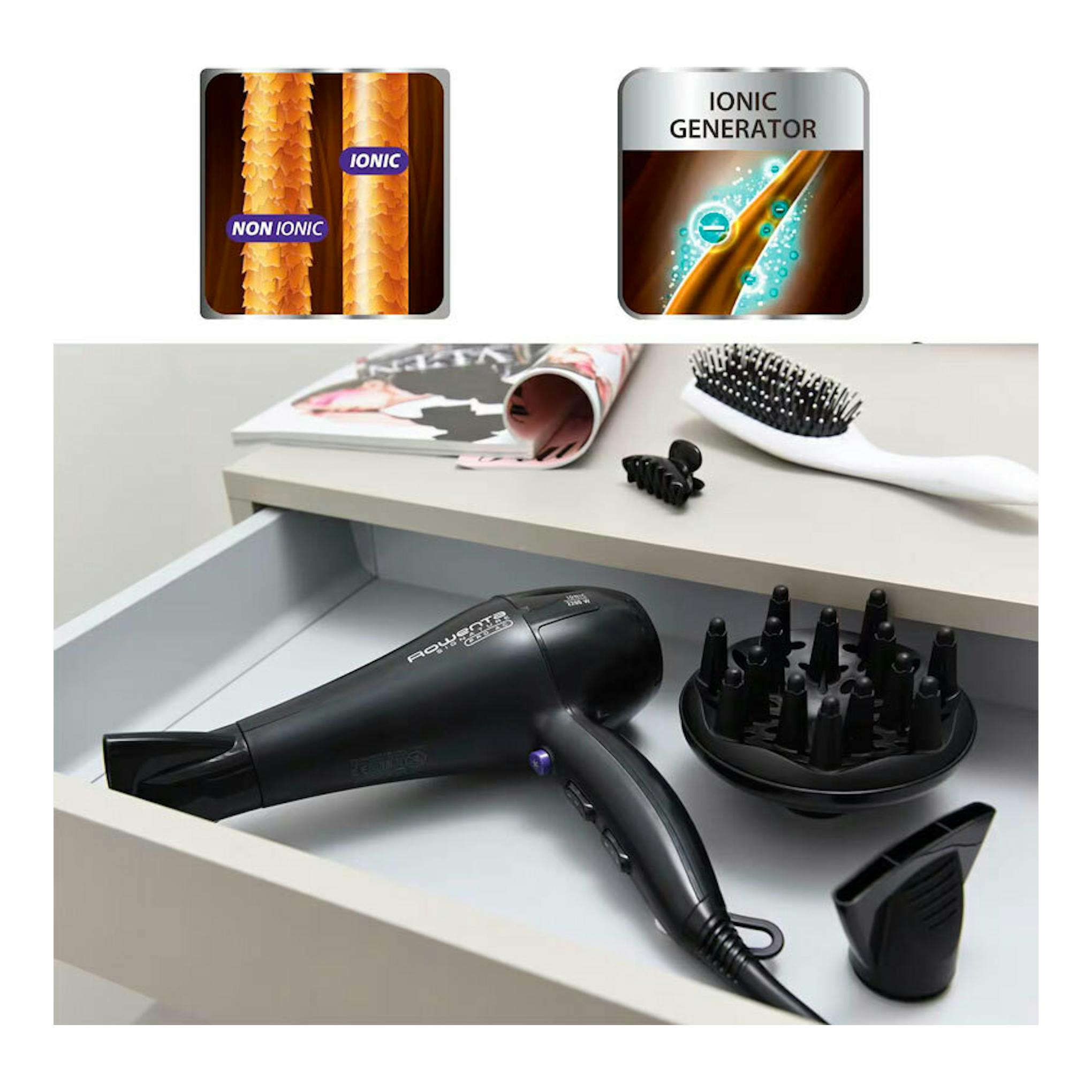 Secador Rowenta CV7840F0 negro en un cajón, con difusor y boquilla concentradora.
