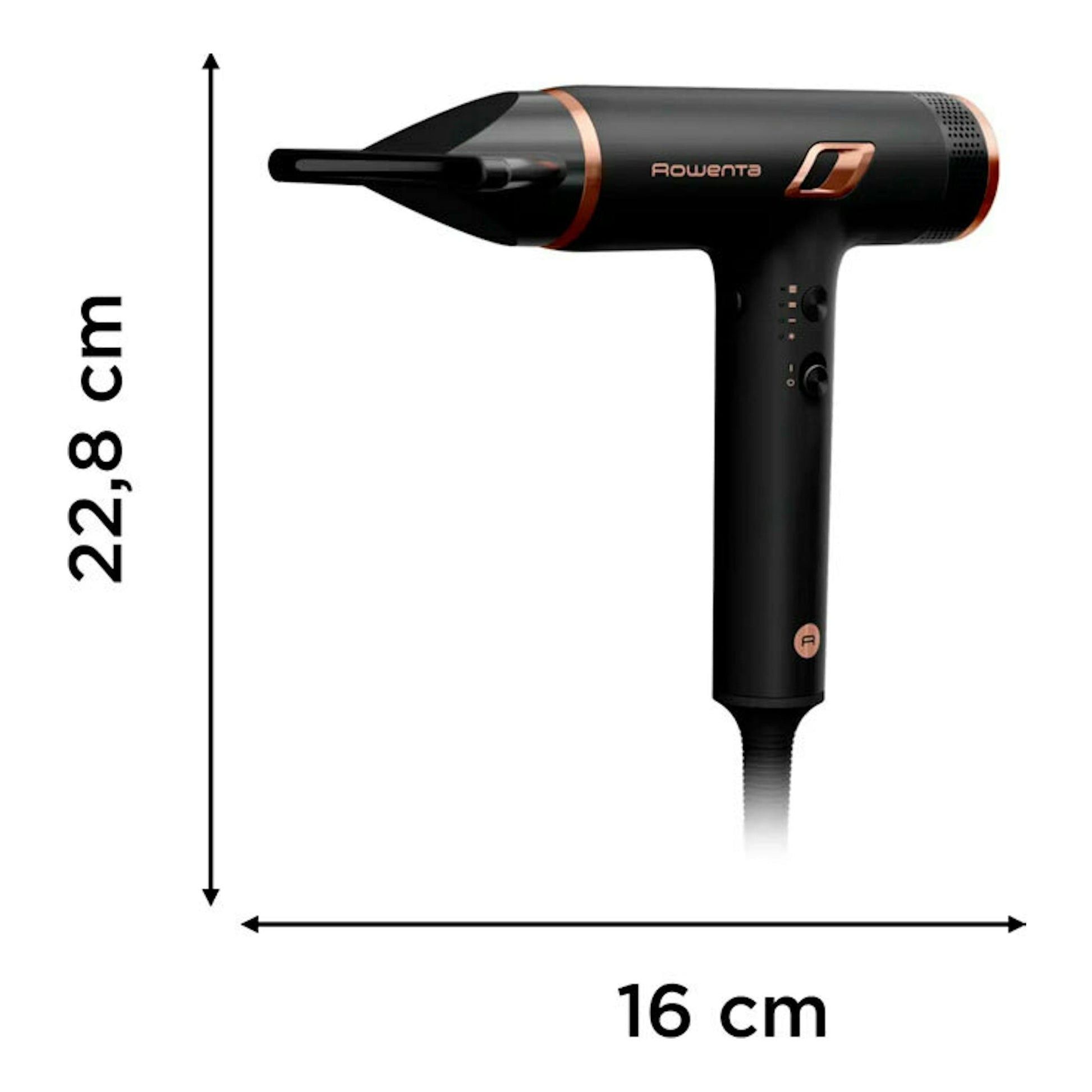 Secador Rowenta HY8310F0 negro y naranja, vista lateral, con boquilla y medidas 22,8 cm x 16 cm.