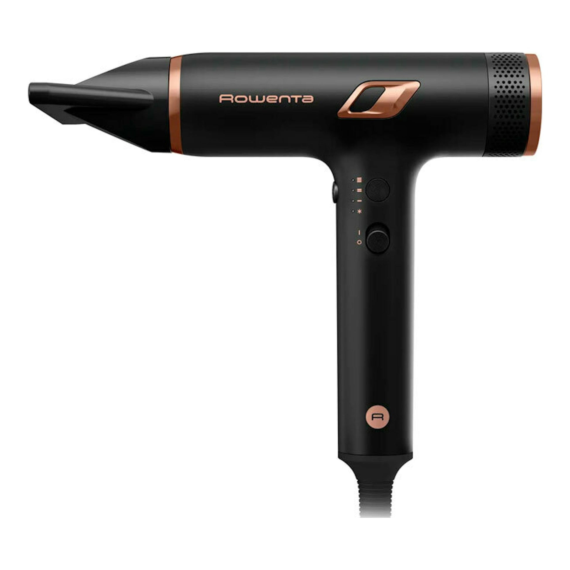 Secador de pelo Rowenta HY8310F0 negro con detalles cobre, vista lateral sobre fondo blanco.
