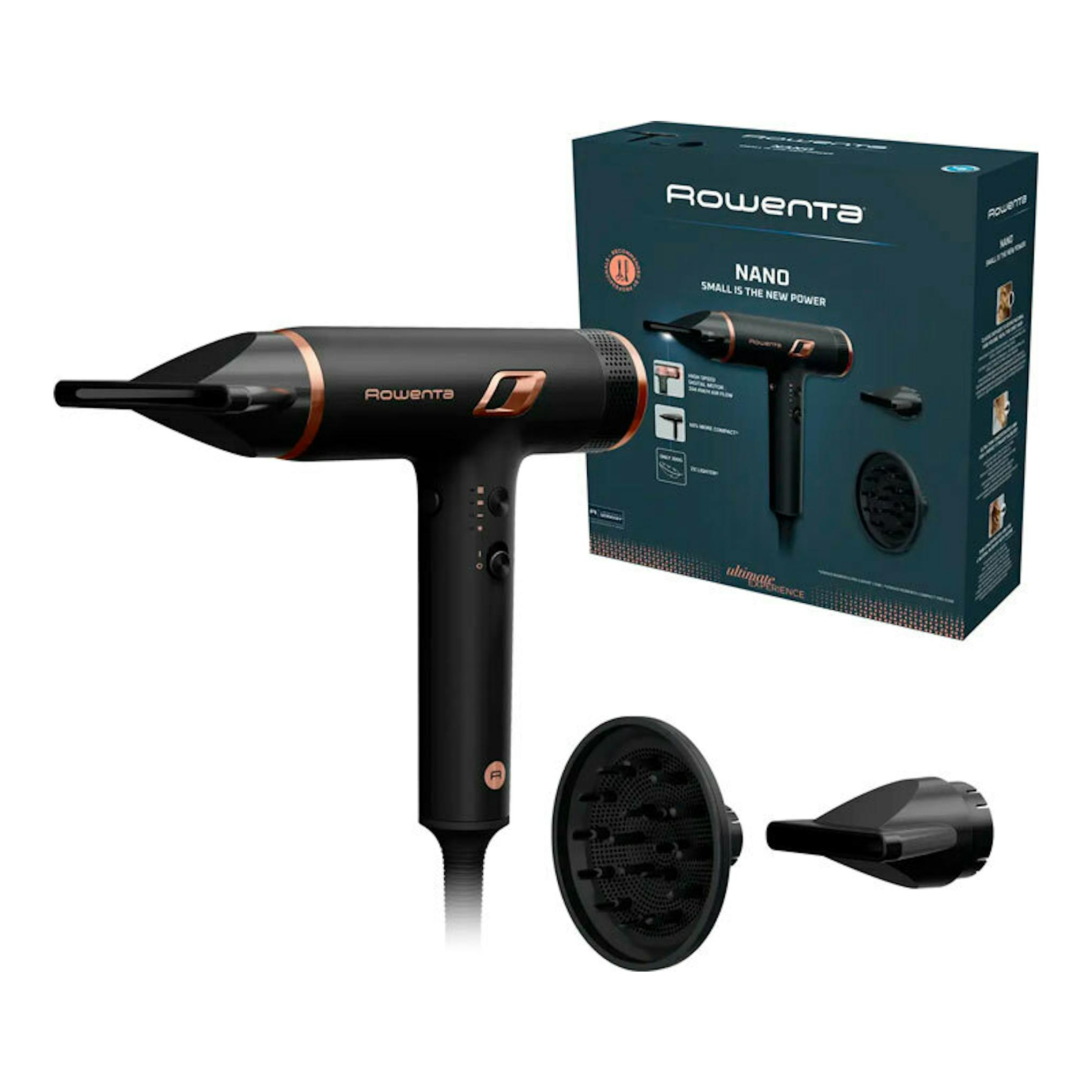 Secador Rowenta HY8310F0 negro y cobre, vista lateral, con caja, difusor y boquilla.