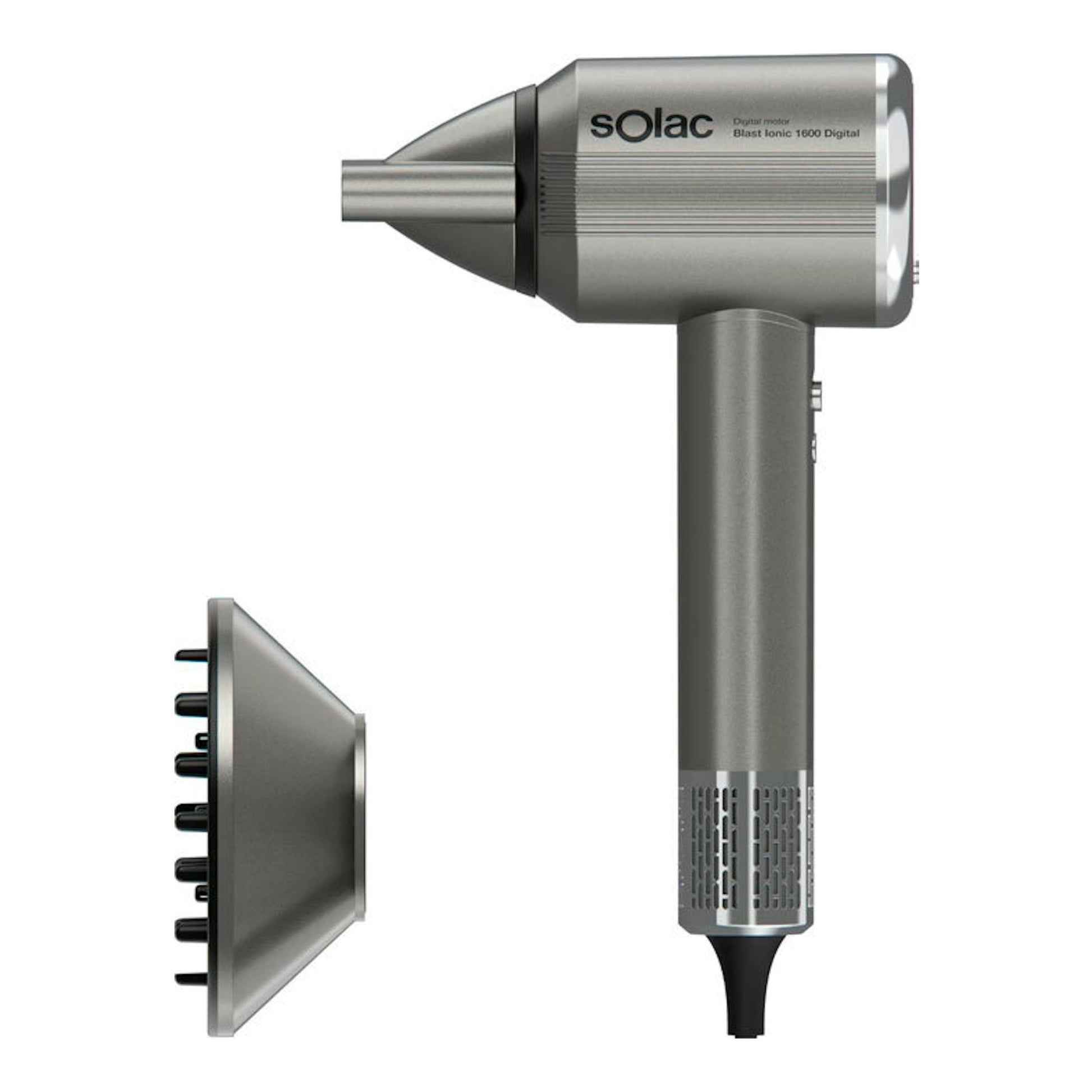 Secador de pelo Solac SB7950 Blast Ionic 1600 Digital gris, vista lateral, con boquilla y difusor.