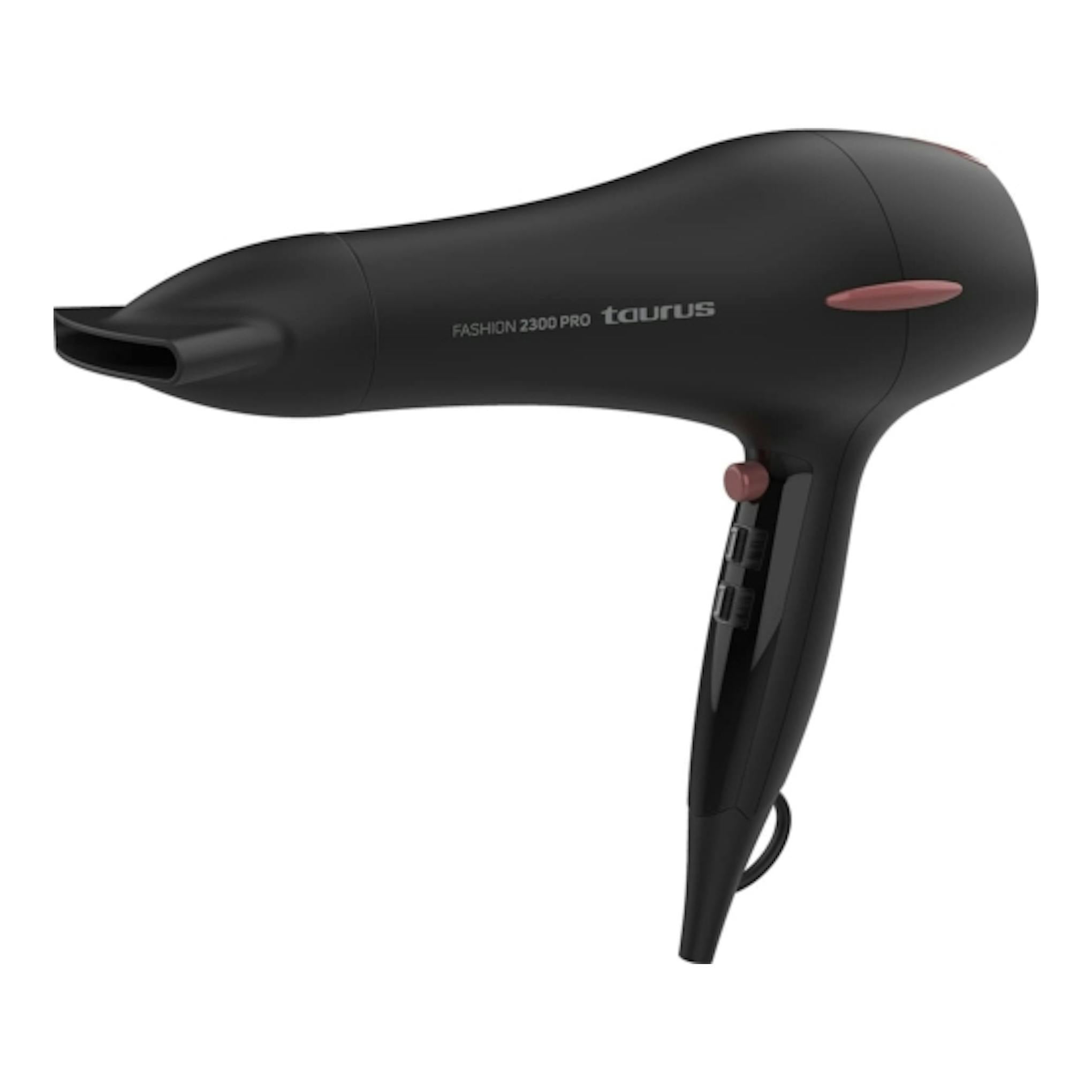 Secador de pelo negro Taurus Fashion 2300 Pro, vista lateral, con boquilla estrecha y detalles rosa.