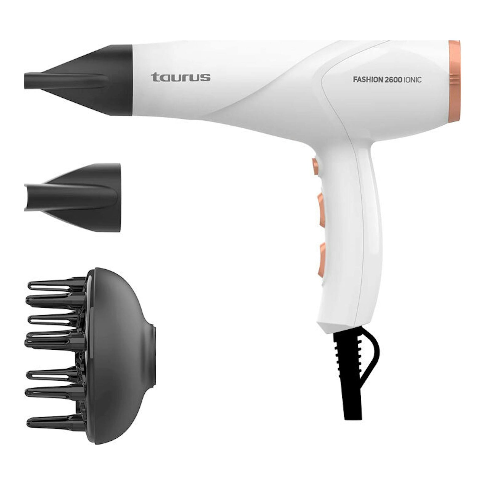 Secador de pelo Taurus Fashion 2600 Ionic blanco, vista lateral, con boquilla y difusor negros.