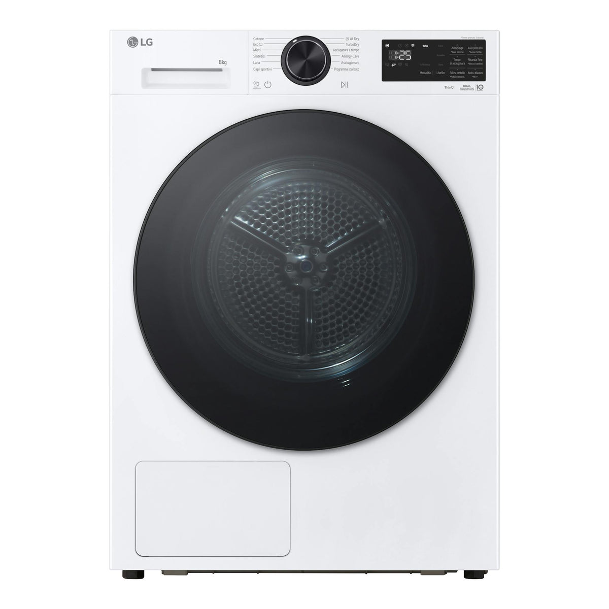 Secadora LG RHX7010TLB blanca, vista frontal, con puerta negra circular y panel digital superior.