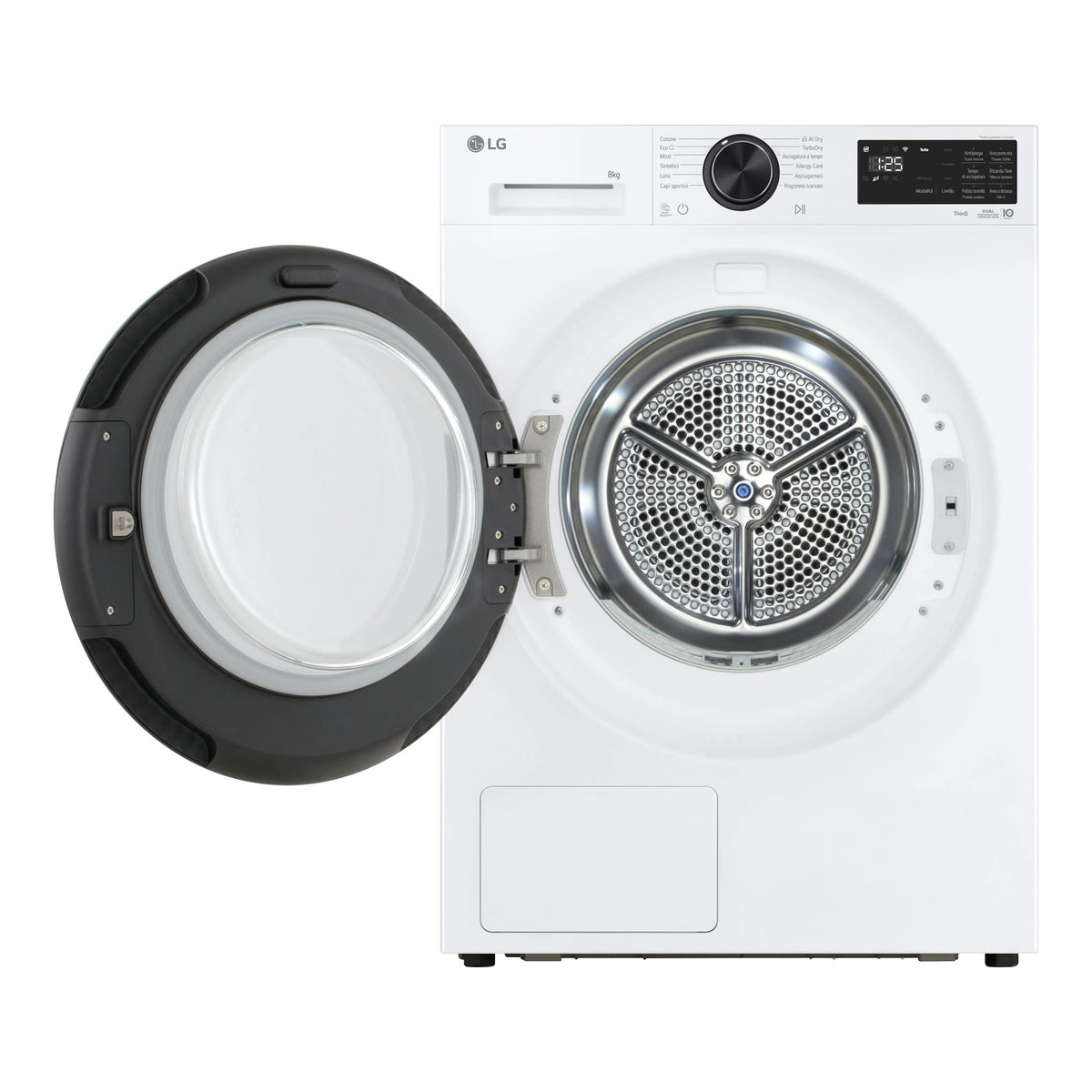 Secadora LG RHX7010TLB blanca, vista frontal, con puerta abierta y tambor visible, panel superior negro.
