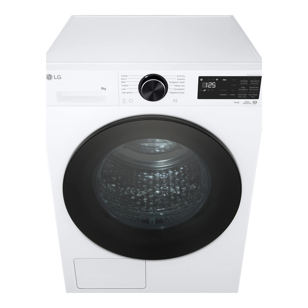 Secadora LG RHX7010TLB blanca, vista frontal, con puerta negra y panel de control superior.