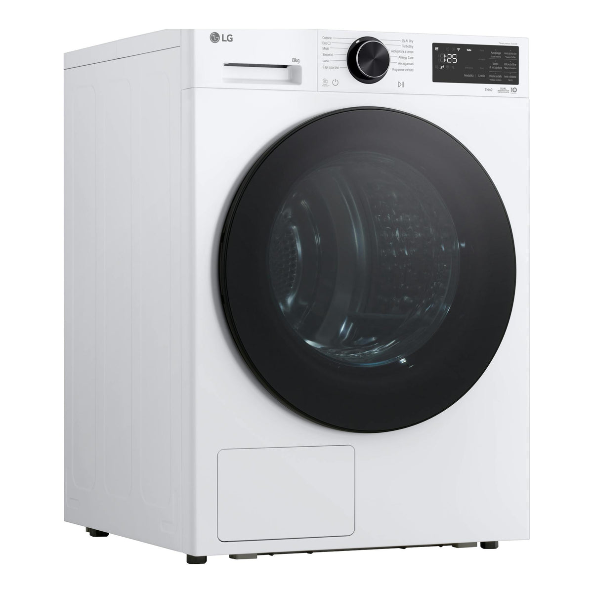 Secadora LG RHX7010TLB blanca, vista frontal en ángulo, con puerta negra circular y panel digital superior.
