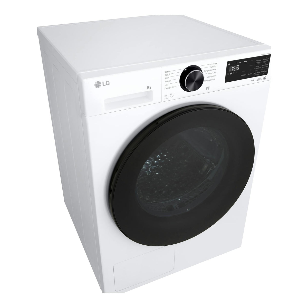Secadora LG RHX7010TLB blanca, vista en tres cuartos, con puerta frontal negra y panel de control superior.