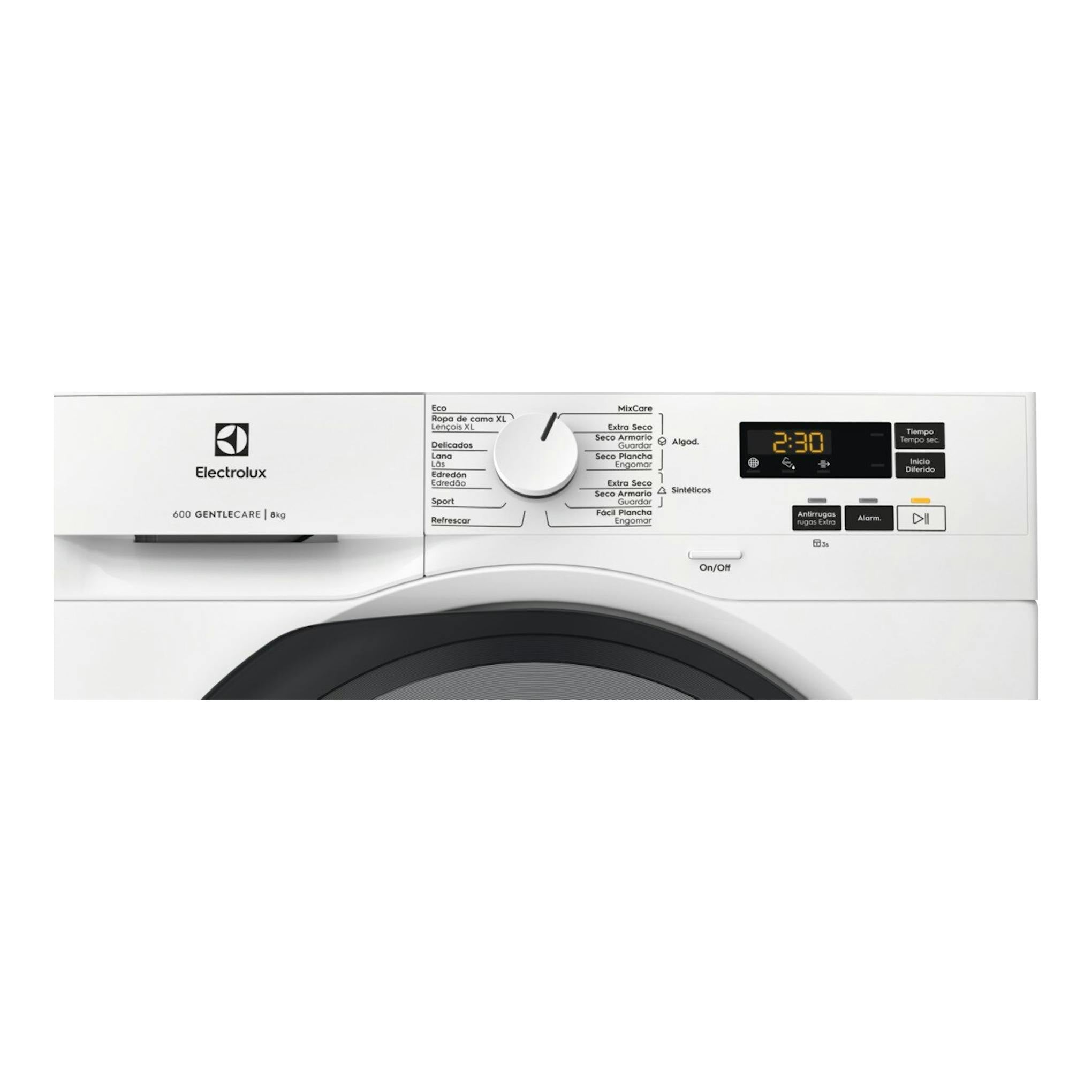 Secadora Electrolux 600 Gentlecare 8 kg, vista frontal, panel blanco, selector central y pantalla digital.