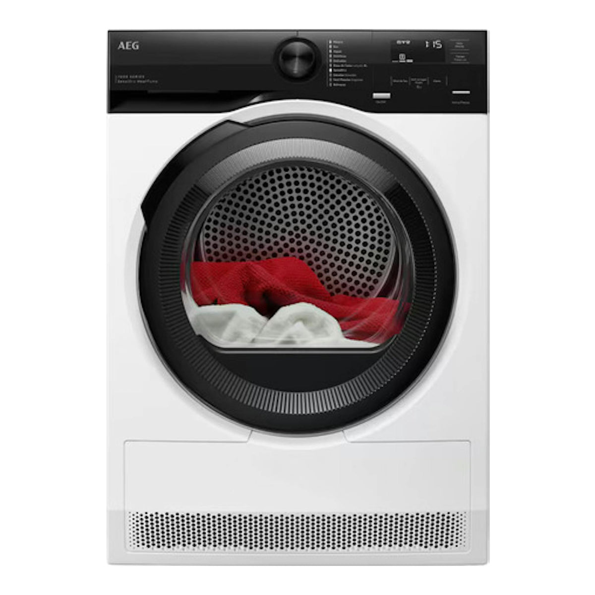 Secadora AEG TE7G8CBOB blanca y negra, vista frontal, con puerta circular y ropa roja y blanca dentro.